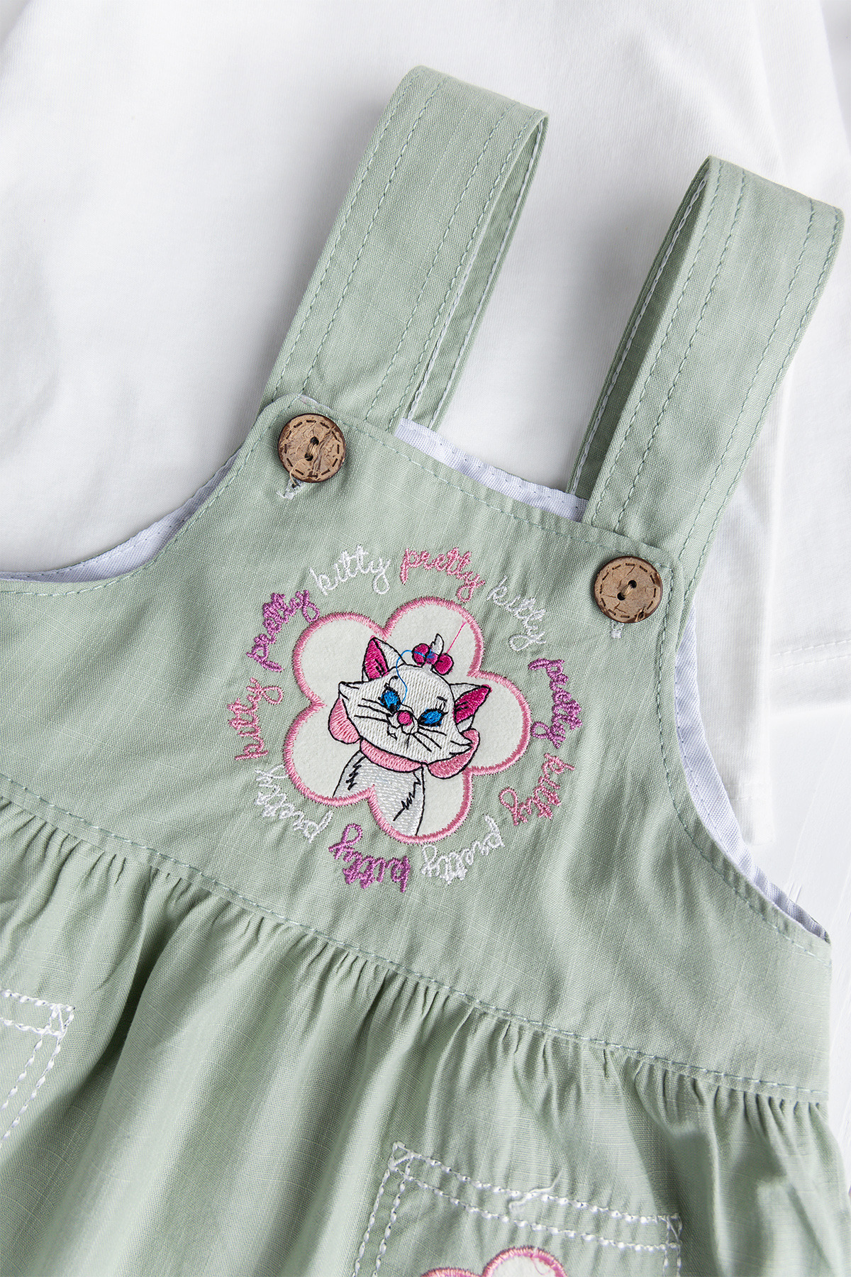 Babymod Çicekli Kedi Nakışlı %100 Pmuklu Kız Bebek Salopet Elbise Jile fotoğrafı 2 (önizleme)