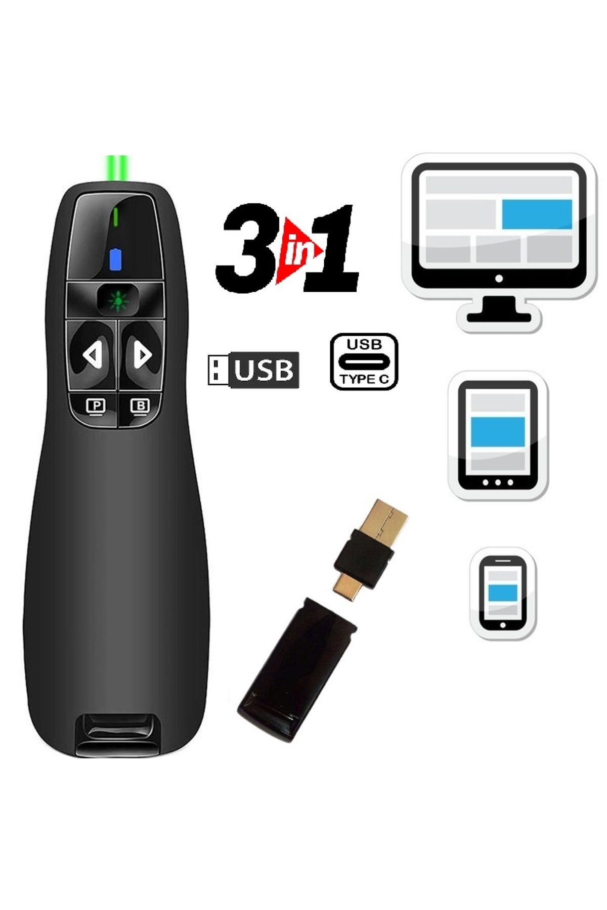 gaman 2025 Model R400 3 in 1  Telefon Tablet Pc Uyumlu Tak Çalıştır Sunum Kumandası  TYP-C & USB Girişli