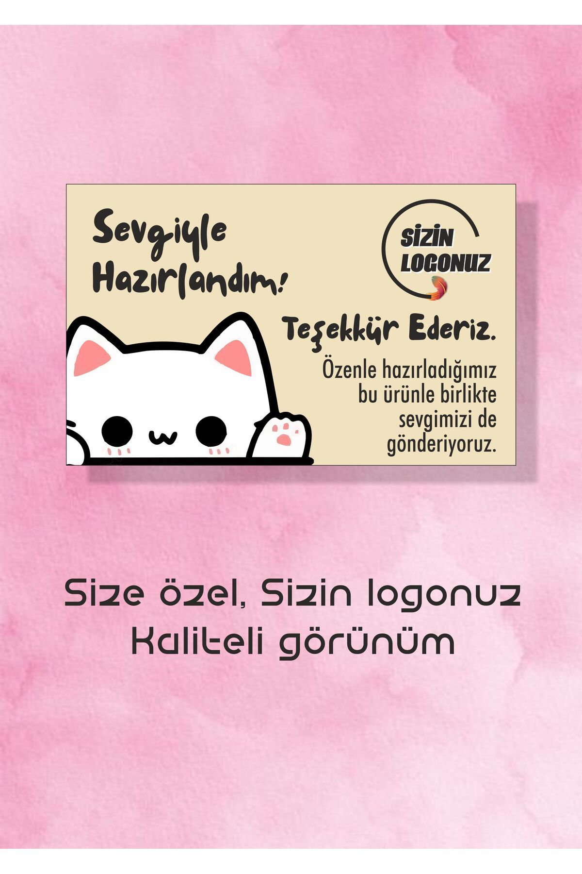 Elit Print Shop Firmanıza Özel Teşekkür Kartı, Sevgiyle Hazırlandım, 100 adet, 5x8 cm., 300 gr kuşe, selefon,