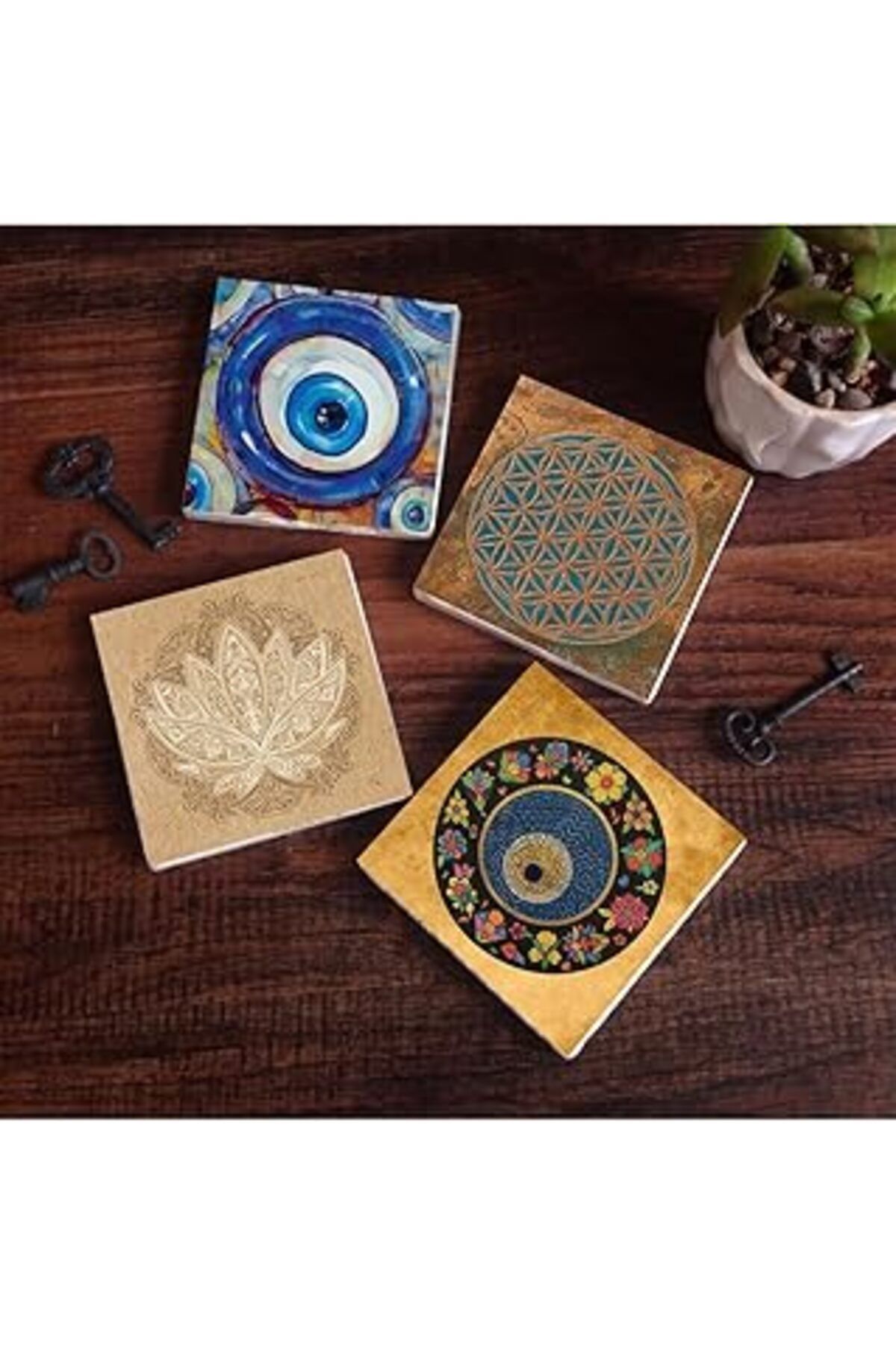 Hepta Collection Pinecone Nazar, Yaşam Çiçeği, Lotus Çiçeği Taş Bardak Altlığı Seti - 4 Parça - Dekoratif, Rustik Mu