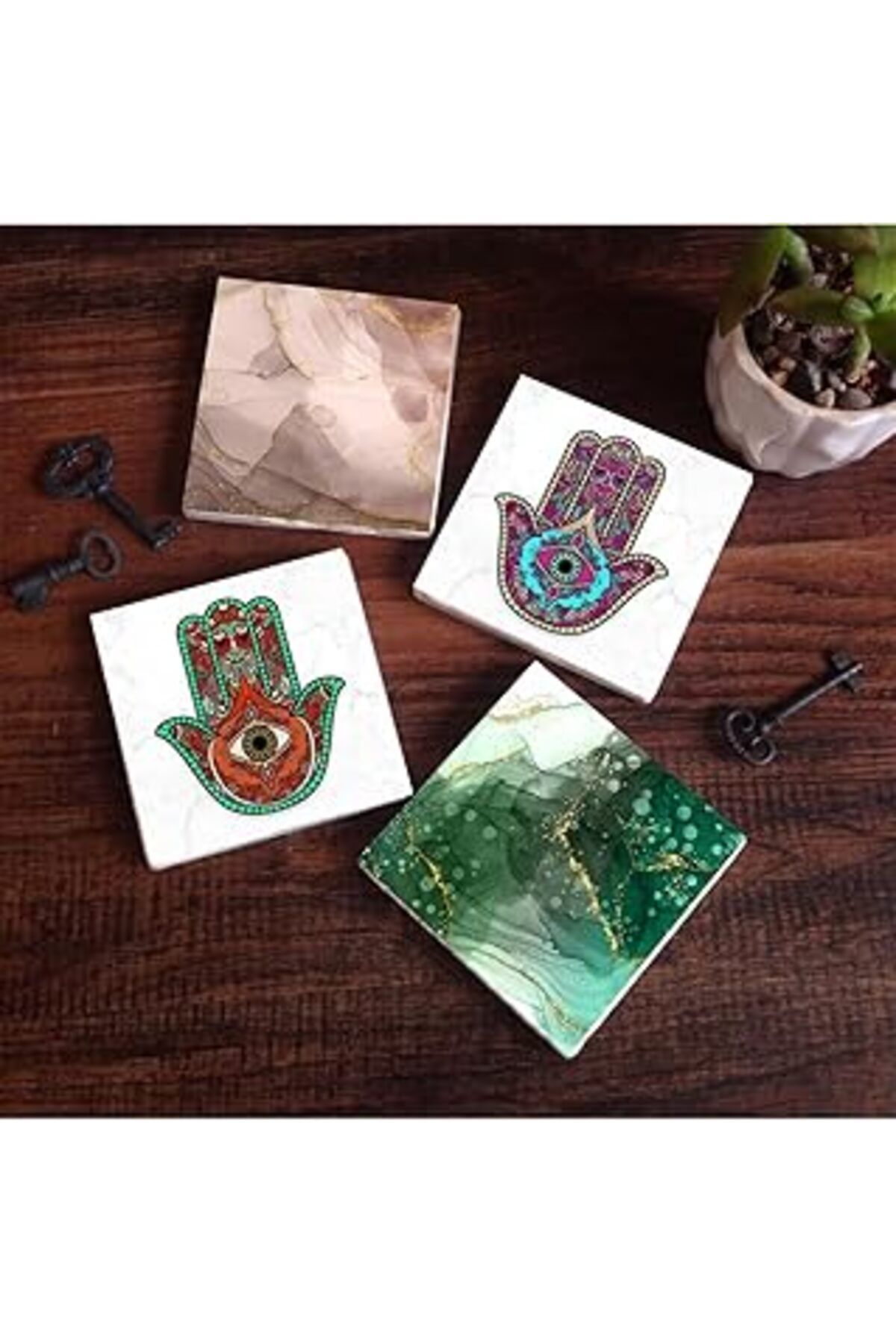 Mu Art Pinecone Soyut Sanat, Fatma Ana Eli (Hamsa) Taş Bardak Altlığı Seti - 4 Parça - Dekoratif, Rustik M