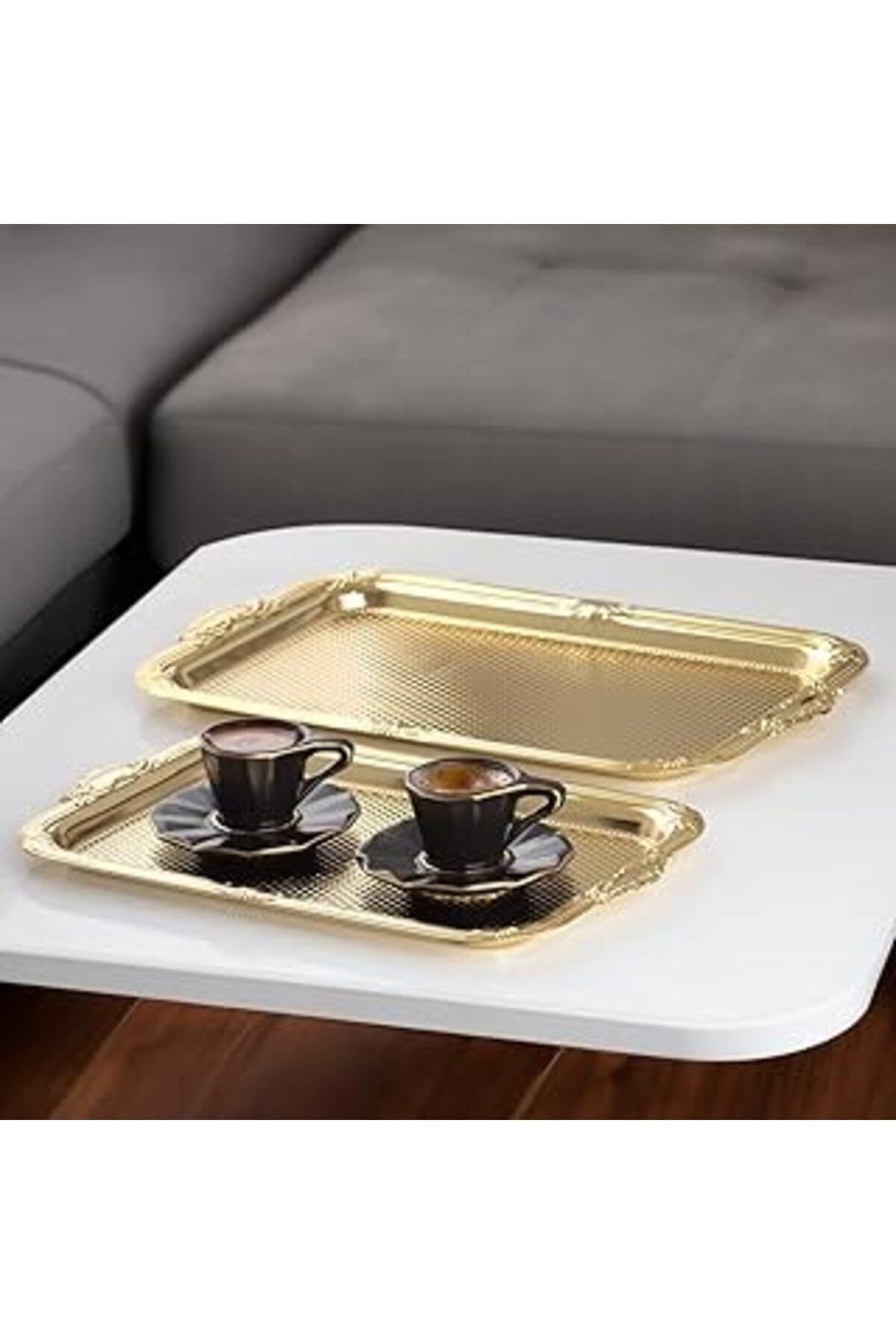 Mu Art Porsima 3332 Paslanmaz Çelik Tepsi Gold -Çay Kahve İkram Sunum Servis Tepsi Seti- 2'Li Dikdörtgen