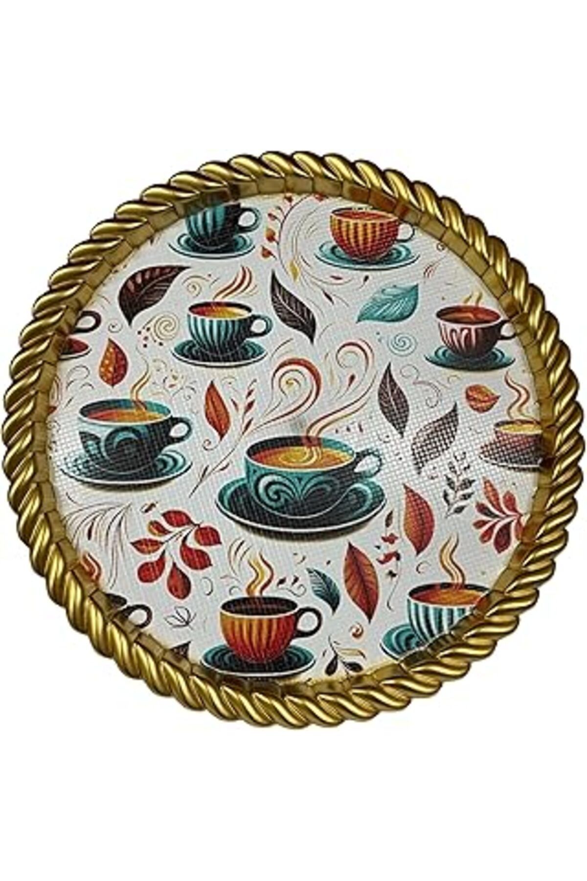 Mu Art Bybars Lüks Dekoratif Plastik Tepsi Altın Çerçeve 46X46 Çay Kahve Fincan Desenli