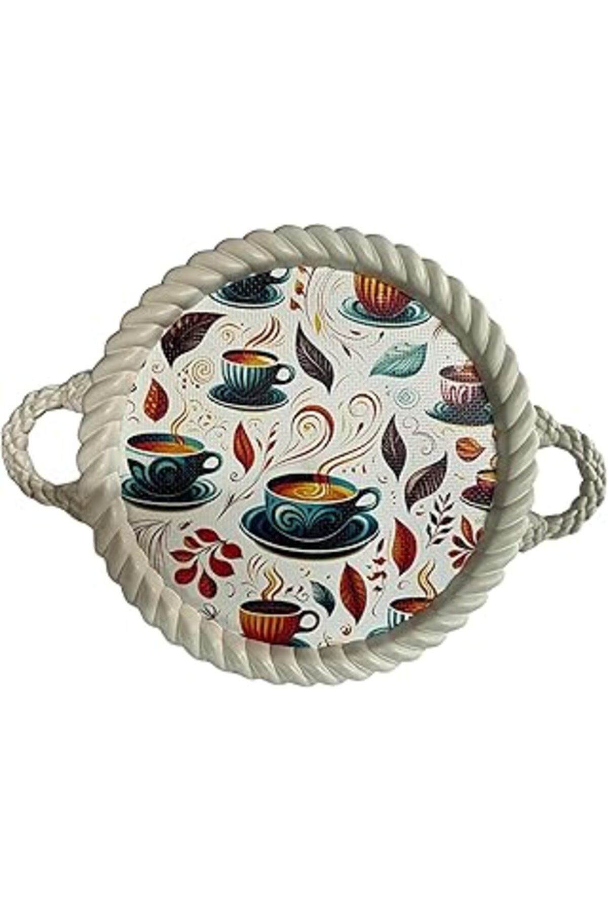 Mu Art Lüks Dekoratif Plastik Tepsi Bukleli Çerçeve 35 X 35 Renkli Fincanlar Desenli