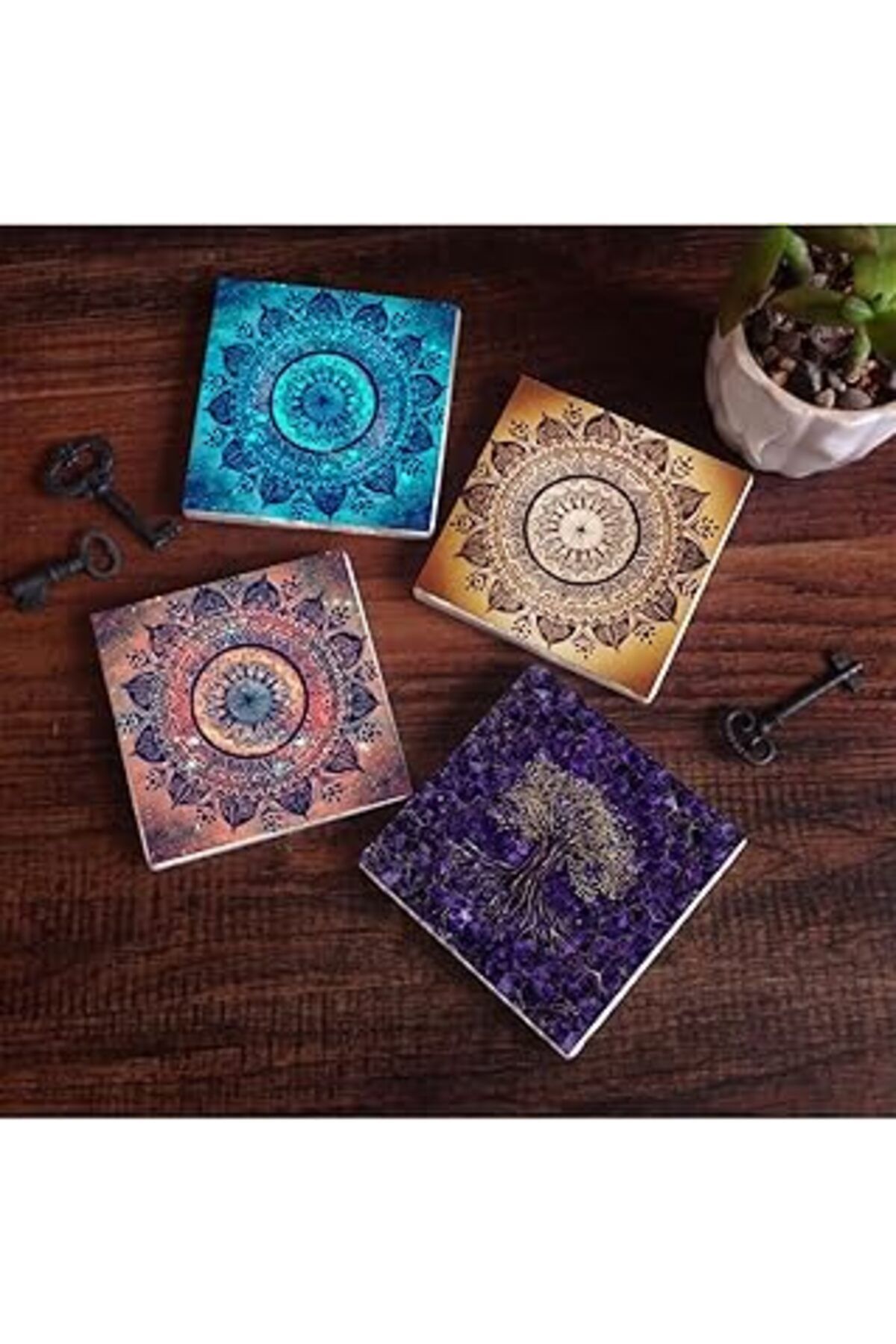 Mu Art Pinecone Mandala, Hayat Ağacı Taş Bardak Altlığı Seti - 4 Parça - Dekoratif, Rustik Mutfak Aksesuar