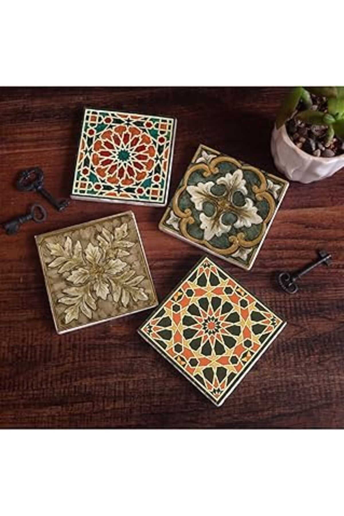 Pazarcan Pinecone Etnik Desen Taş Bardak Altlığı Seti - 4 Parça - Dekoratif, Rustik Mutfak Aksesuarı, 10X10