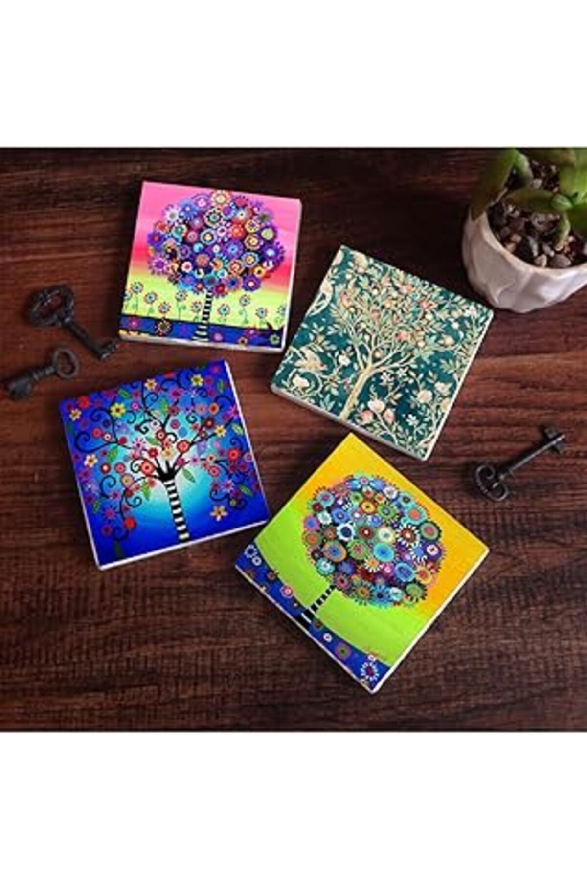 Mu Art Pinecone Hayat Ağacı Taş Bardak Altlığı Seti - 4 Parça - Dekoratif, Rustik Mutfak Aksesuarı, 10X10