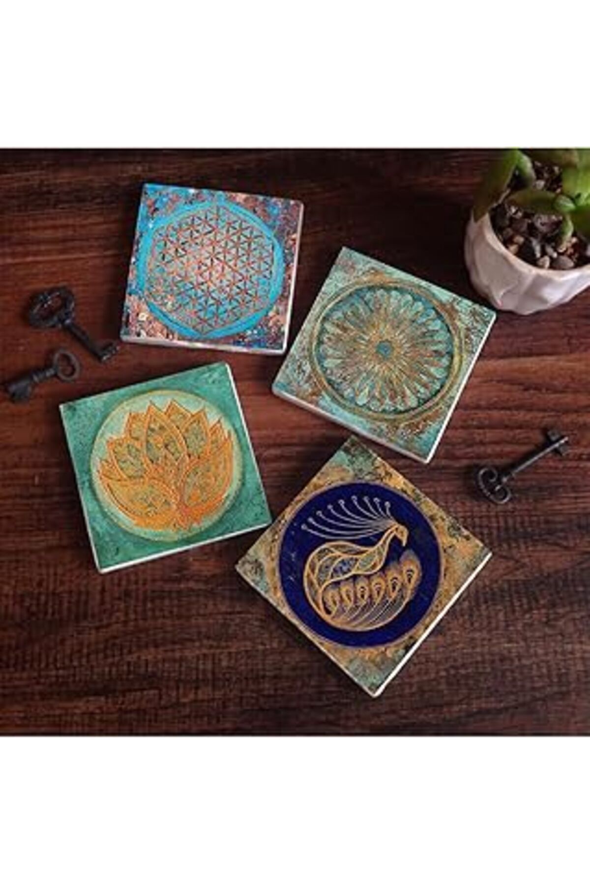 Mu Art Pinecone Lotus Çiçeği, Tavus Kuşu, Yaşam Çiçeği Taş Bardak Altlığı Seti - 4 Parça - Dekoratif, Rust