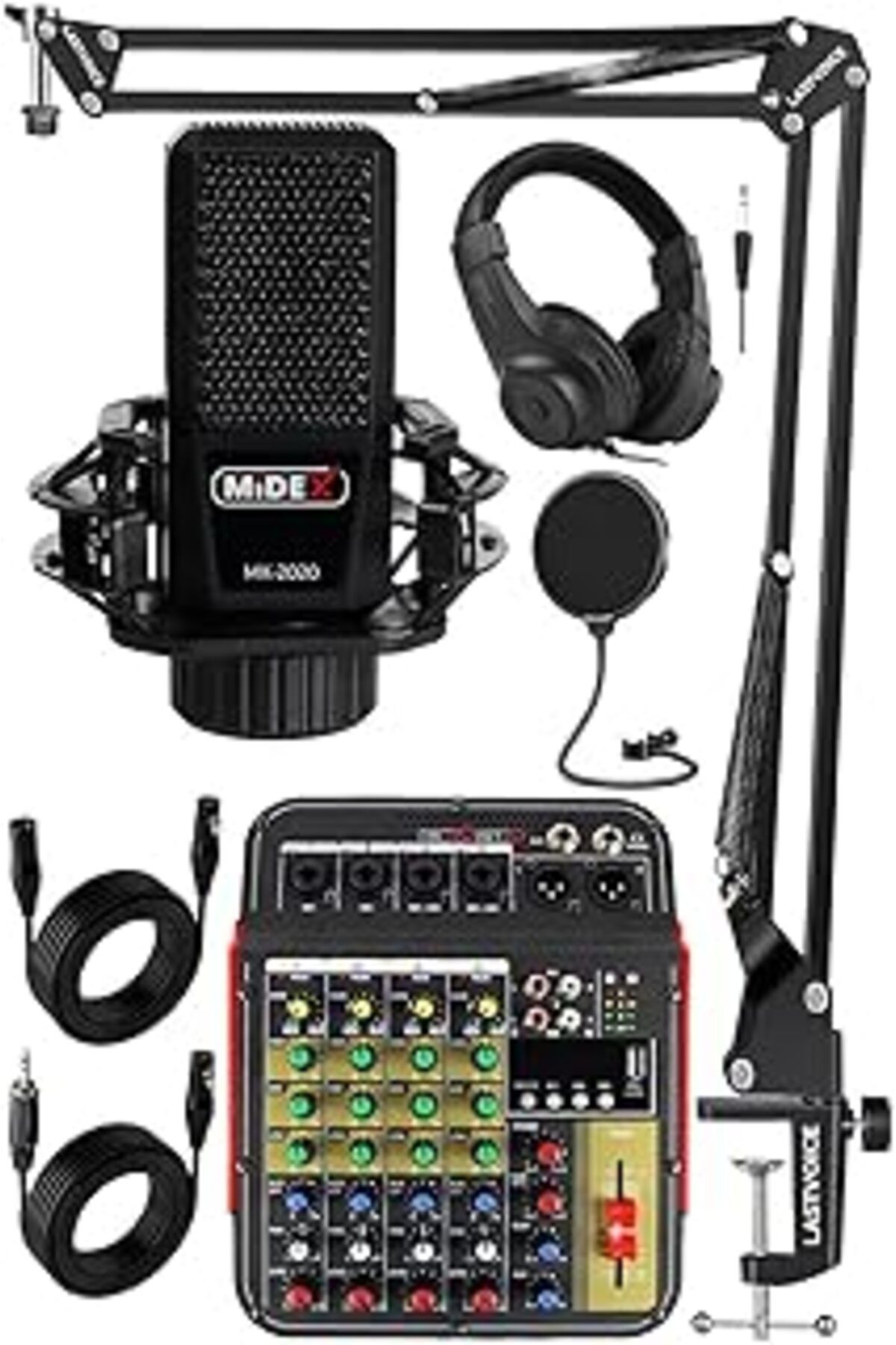 TBSProjects Lastvoice Rec Paket-3 Stüdyo Kayıt Paketi Mx-2020 Mikrofon Phantomlu Mikser Kulaklık Stand Filtre
