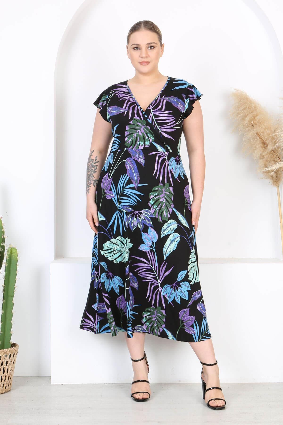 Madwilo-Rochie maxi de mărime mare, cu mâneci cu volan, cu model tropical, albastru violet 7