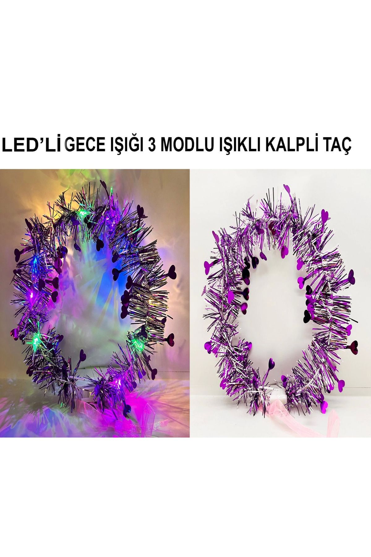 YNT İthalat Kalp Püsküllü Gece Parıltısı 3 Modlu Led39li Işıklı Taç Mor Renk