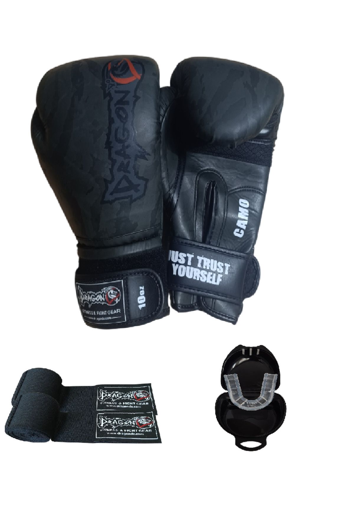 Dragondo Camo Boks Eldiveni Seti Kick Boks  Giftoom Boks HAKİ Kamuflaj Ve Boks Bandaj - DİŞLİK 3 ’lÜ Set