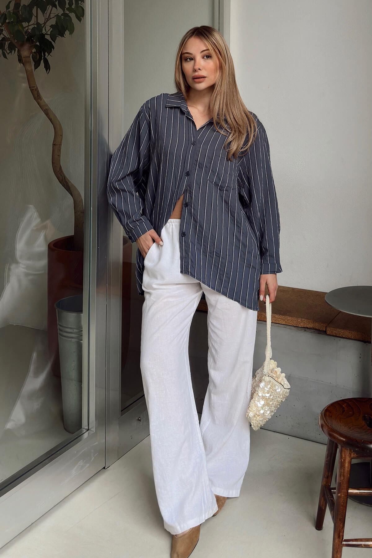 Swist-Smoked Zis Striped A-Pile Single Pocket Women's Oversize Shirt 2