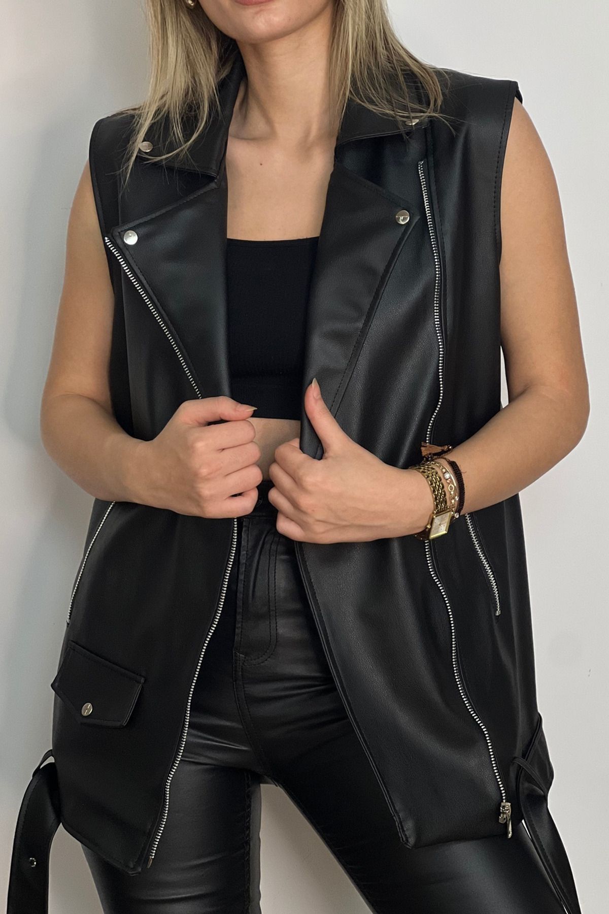 Jaglion-Vestă oversize din piele neagră pentru femei 2