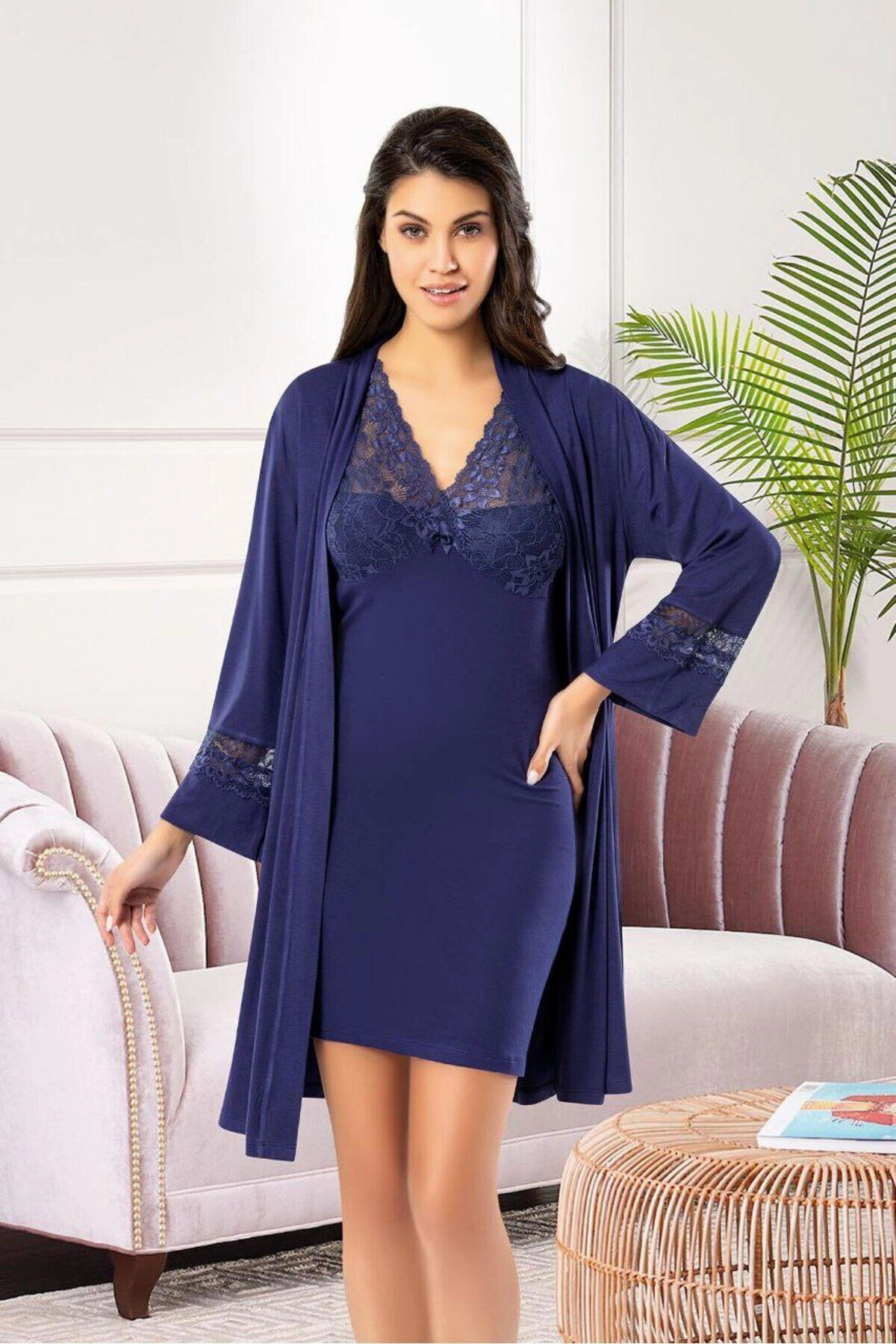 bacc Kadın Lacivert Dantel Detaylı Gecelik Sabahlık Takım Bcan-256021fa