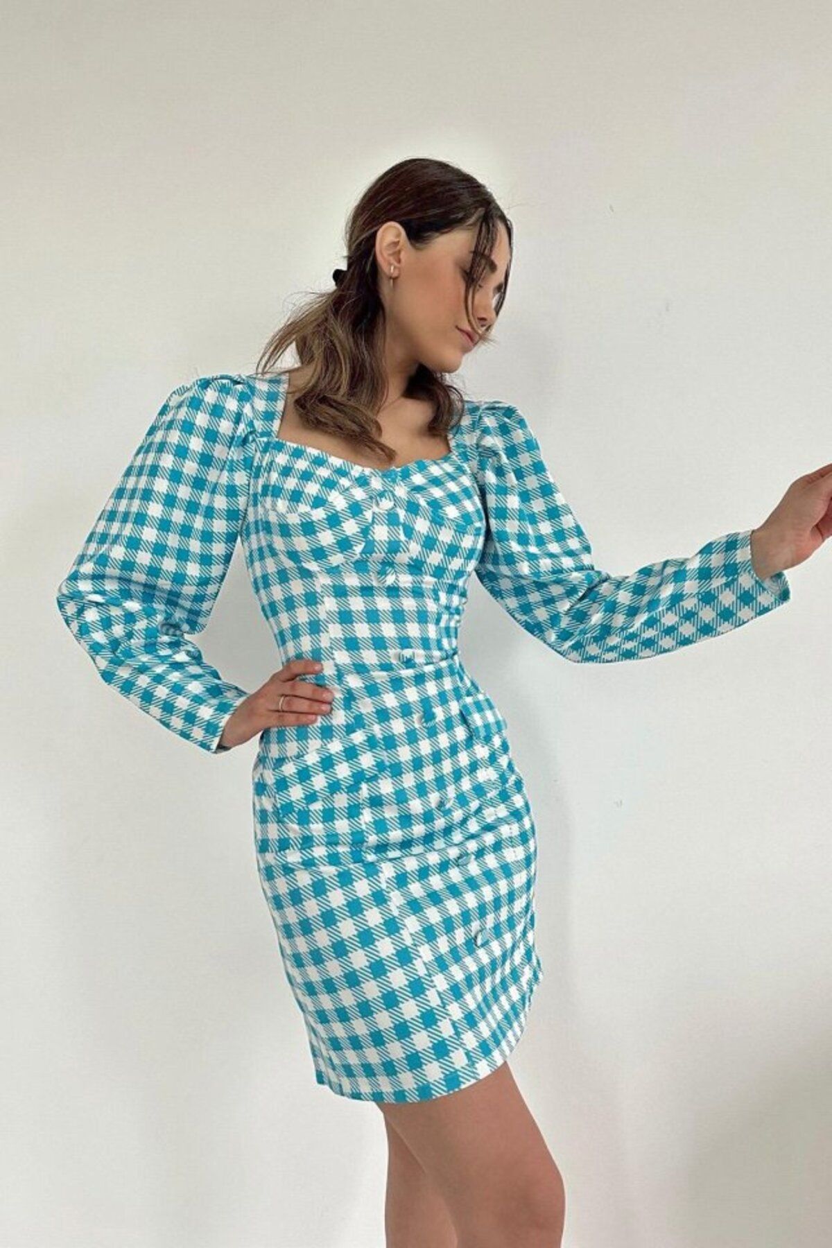 MRA Fashion Mavi Kareli Göğüş Kuplu Elbise