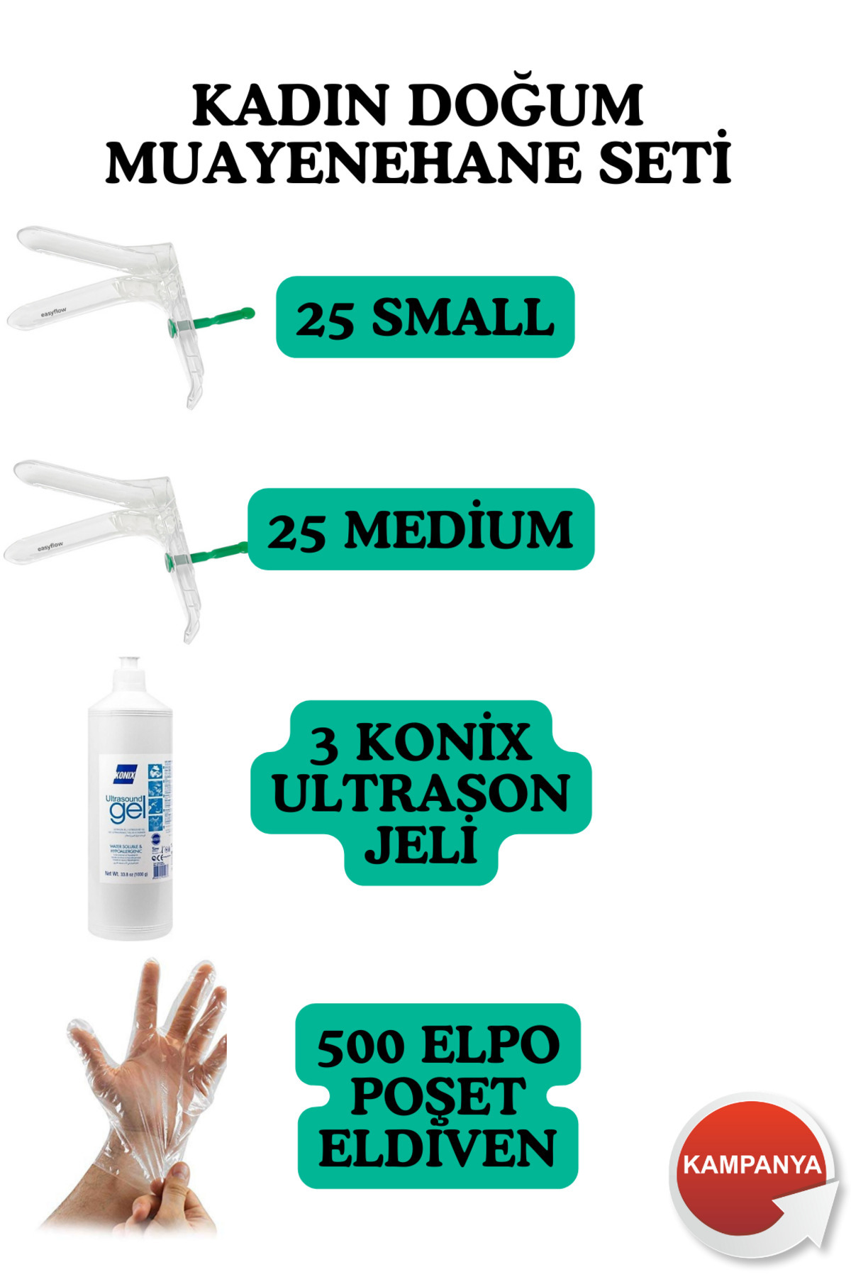 Easyflow Vajinal Spekulum Small 25 Adet + Medium 25 Adet + 3 Konix Ultrason jeli + 500 Elpo Poşet Eldiven