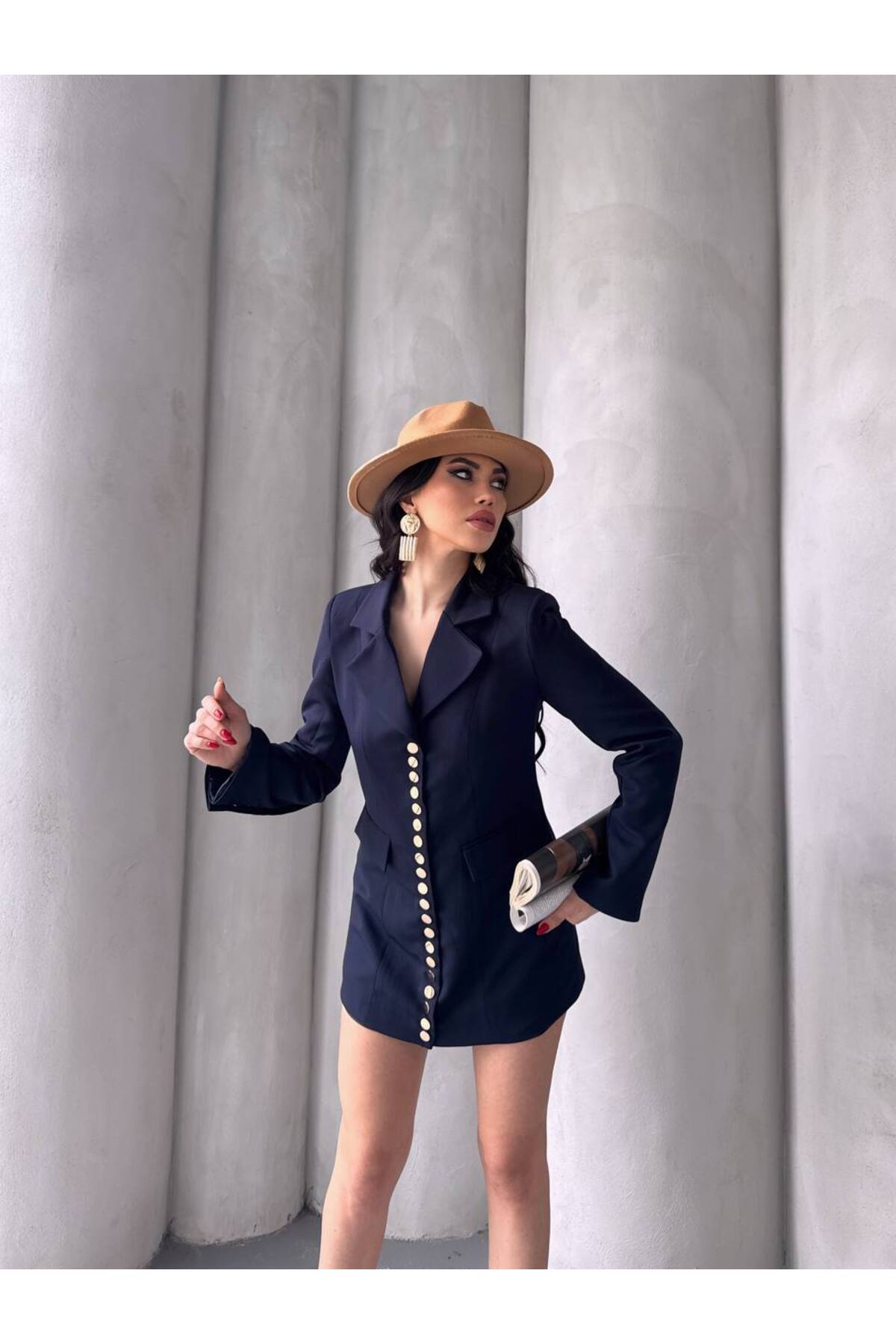 Trend Women's Gold Snap Detail Design Long Blazer Jacket - Görsel 3