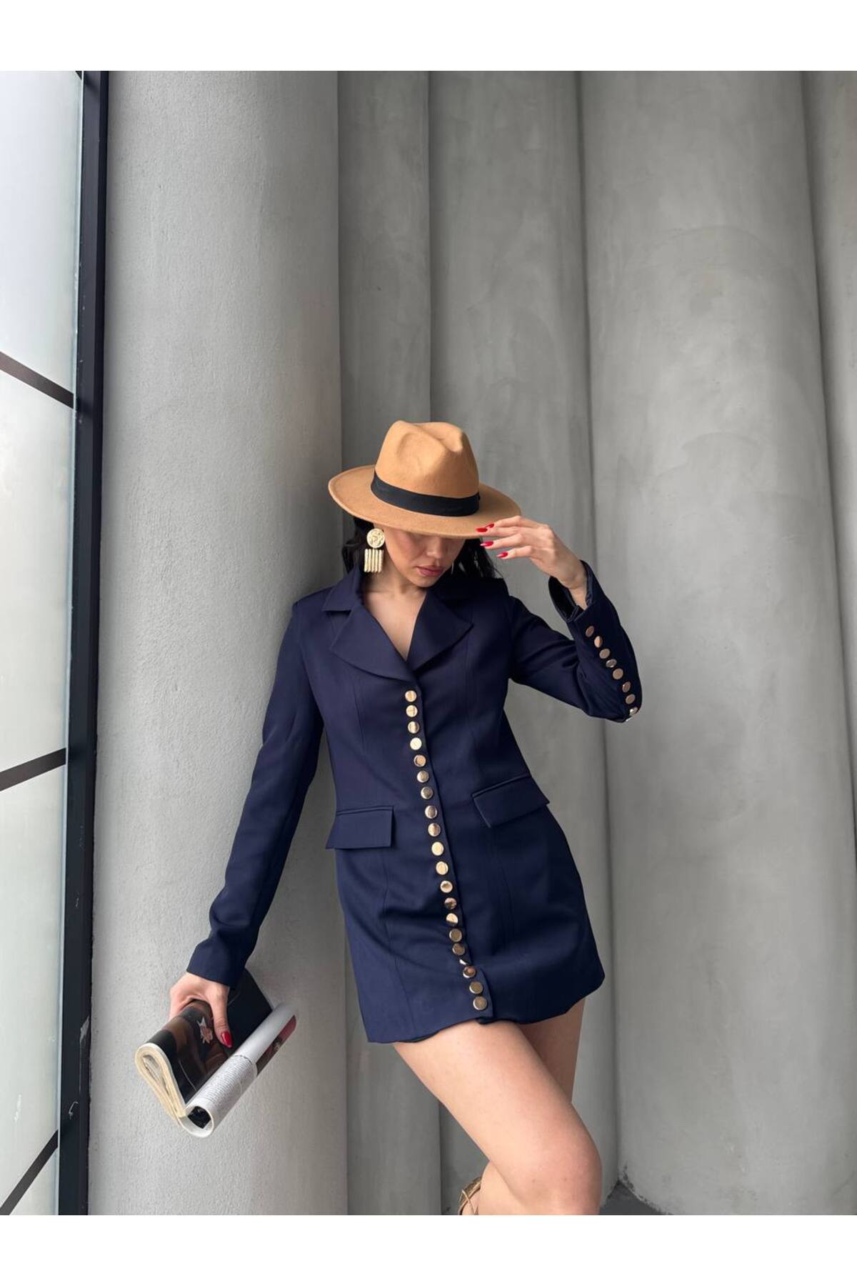 Trend Women's Gold Snap Detail Design Long Blazer Jacket - Görsel 5