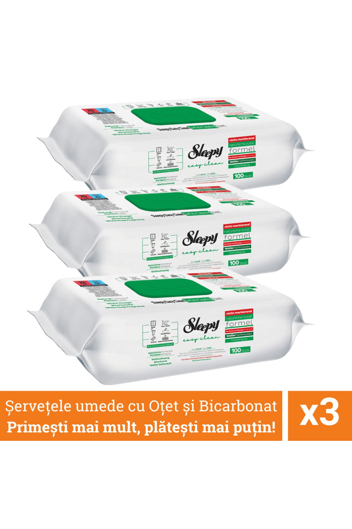 Sleepy Pachet promo 3 x Servetele umede cu Bicarbonat, Extra Cleaning, 100 de bucati pachet, Sleepy Easy
