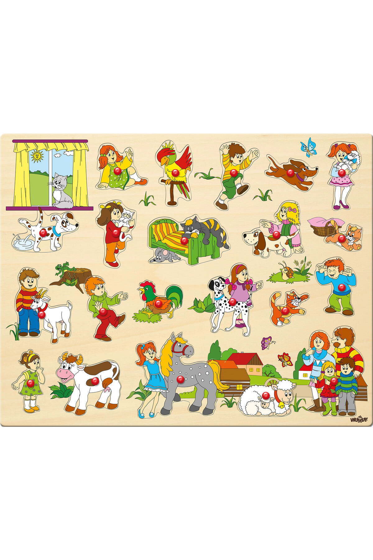 Woody Puzzle Din Lemn Cu Nasturi - Copii Și Animale (21 De Piese) - One Size