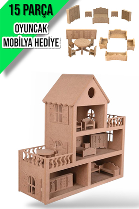 Genel Markalar Boyanabilir Ahşap Bebek Evi Oyuncak (15 PARÇA MOBİLYA HEDİYE)