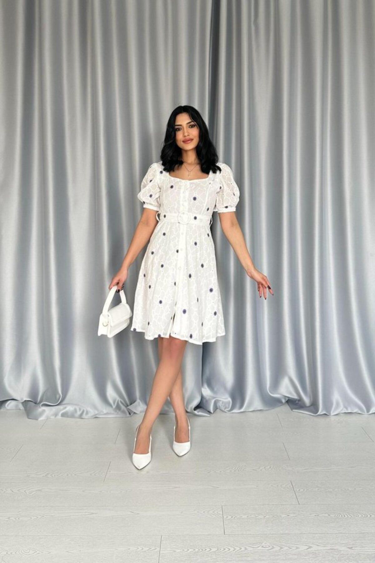 MRA Fashion Lila Kemerli Kare Yaka Elbise