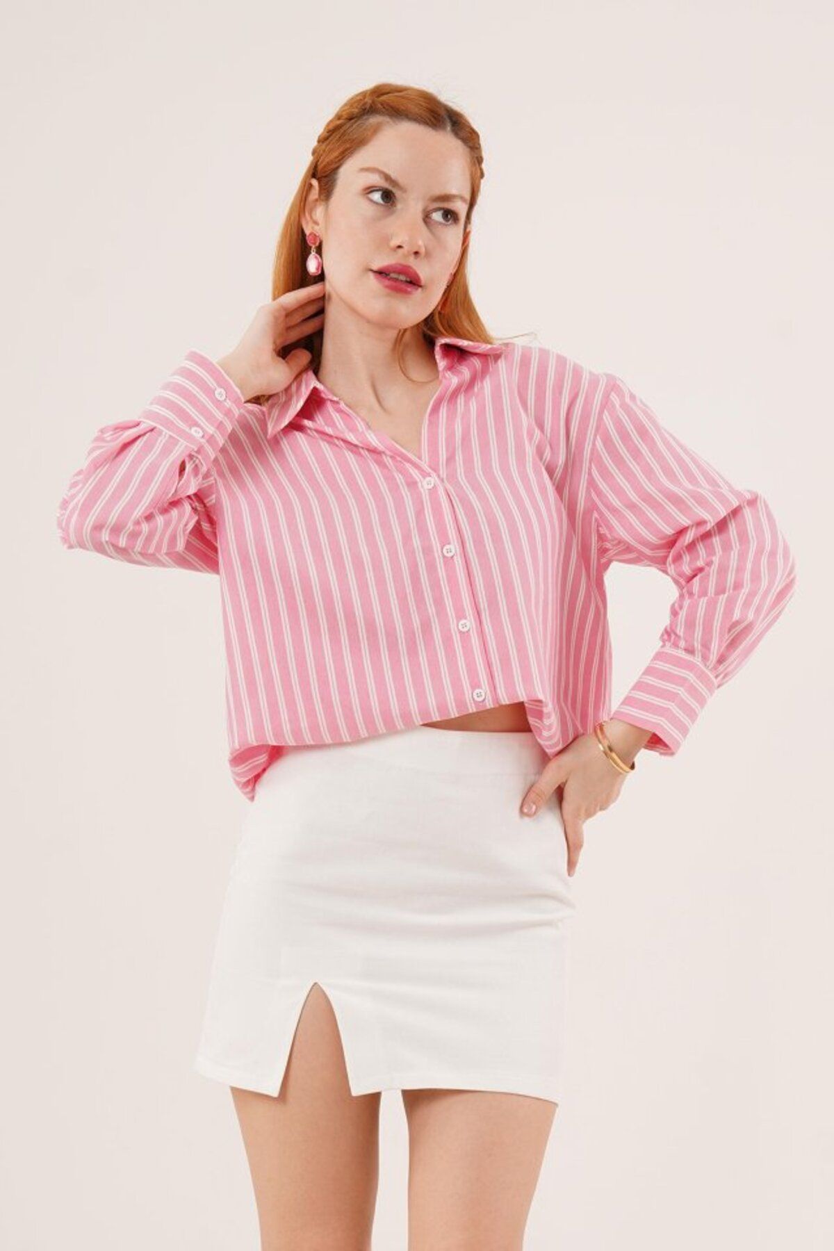 MRA Fashion Çift Çizgi Geçişli Düğmeli Pembe Gömlek