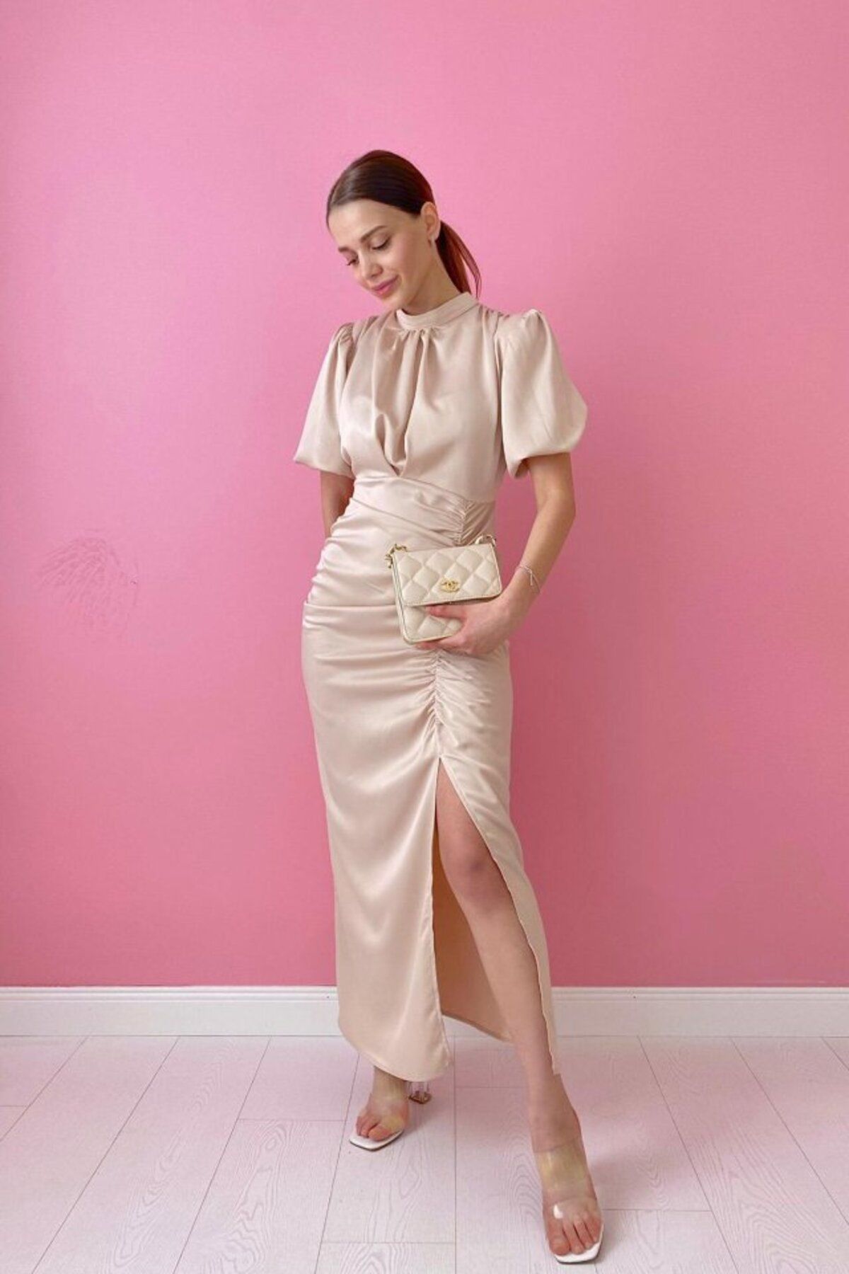 ASFSTORE Ekru Büzgülü Saten Elbise