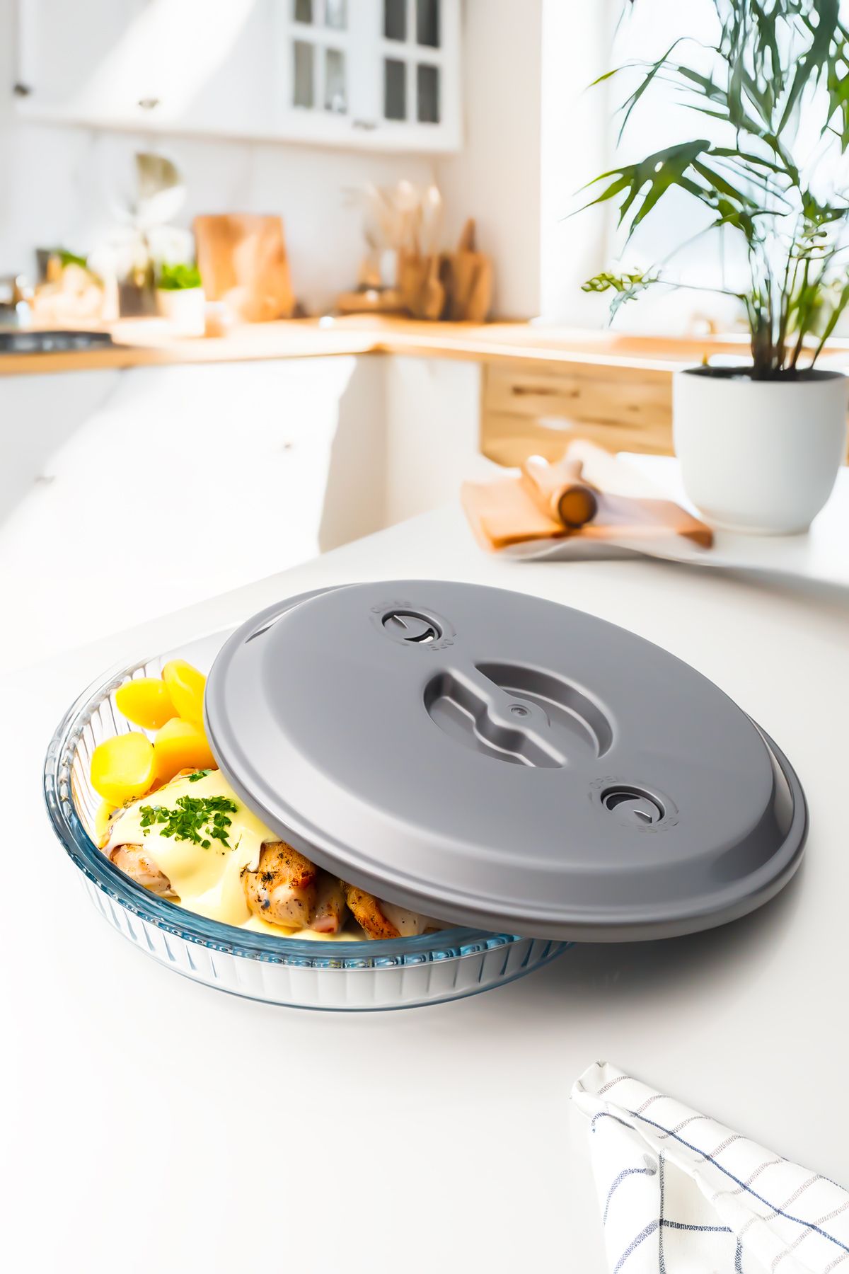 Bambus Home-Rectangular Round Double Pyrex Lid Set with Plastic Steam Channel 2