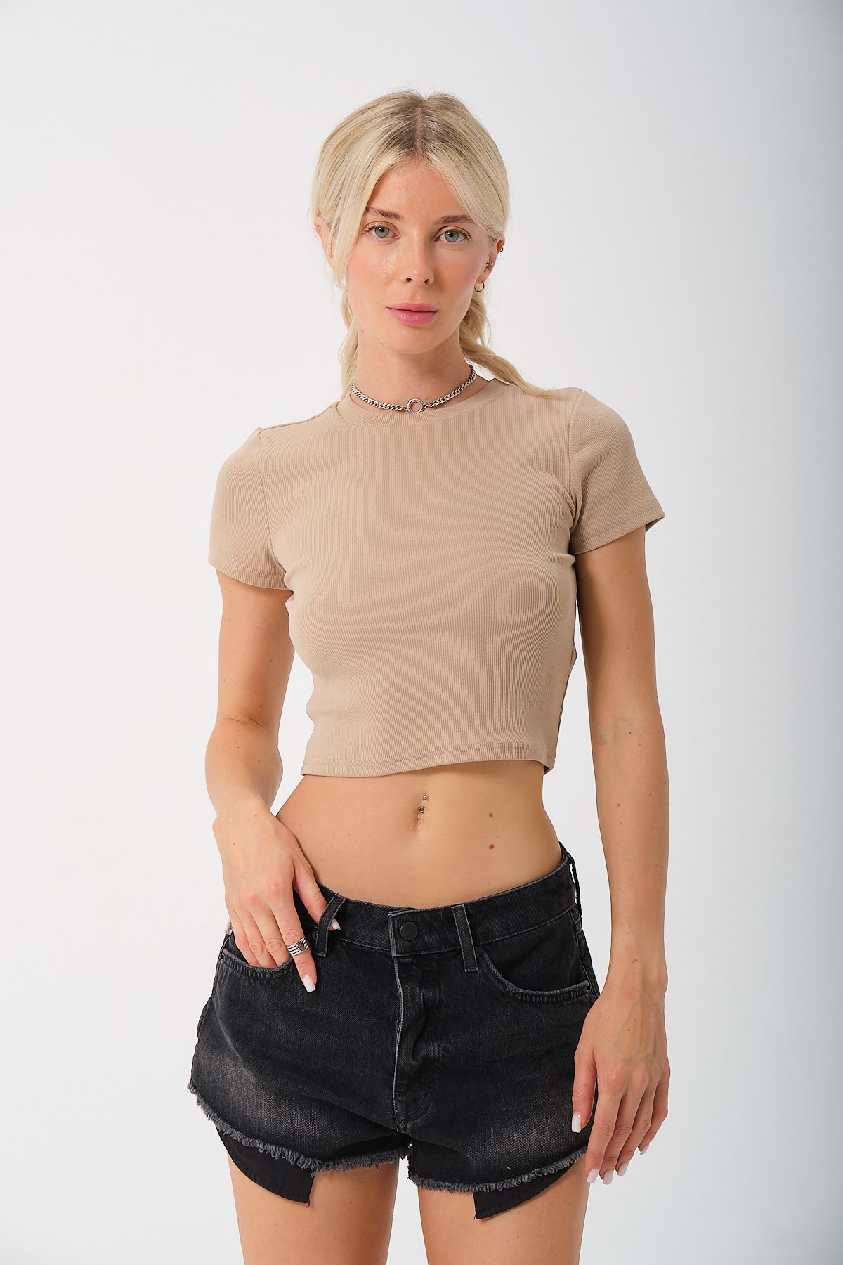 PUNKY CAT-Women's Beige Crew Neck Short Sleeve Basic Ribbed T-Shirt 5