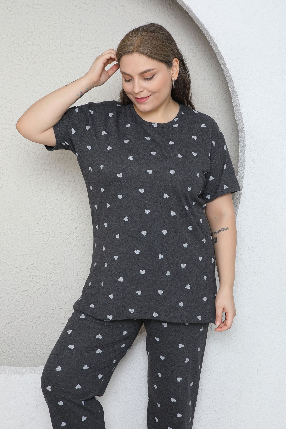 FAMES PİJAMA-Plus Size Gray Small Heart Patterned Pajama Set 7