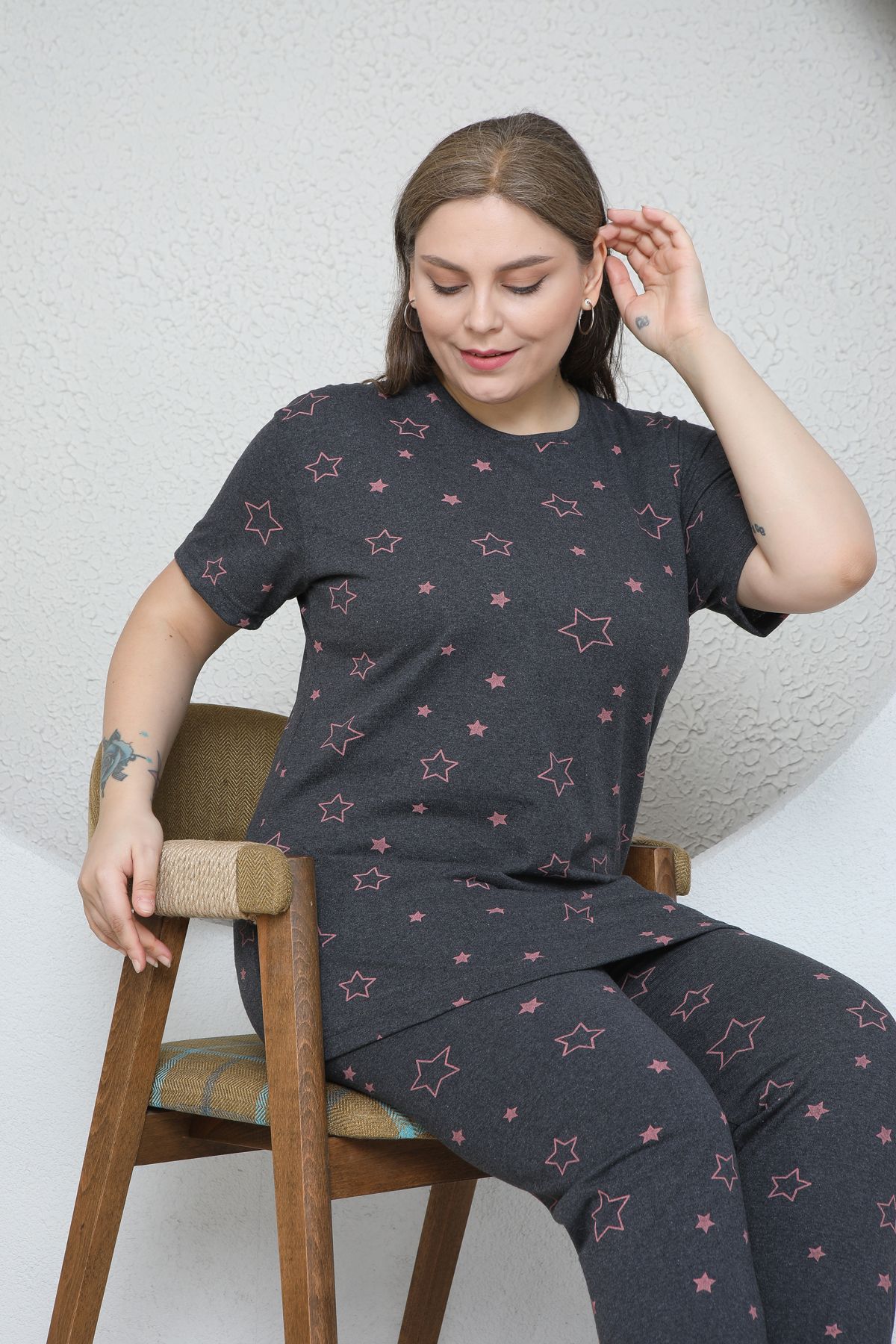 FAMES PİJAMA-Plus Size Star Heart Patterned Pajama Set 8