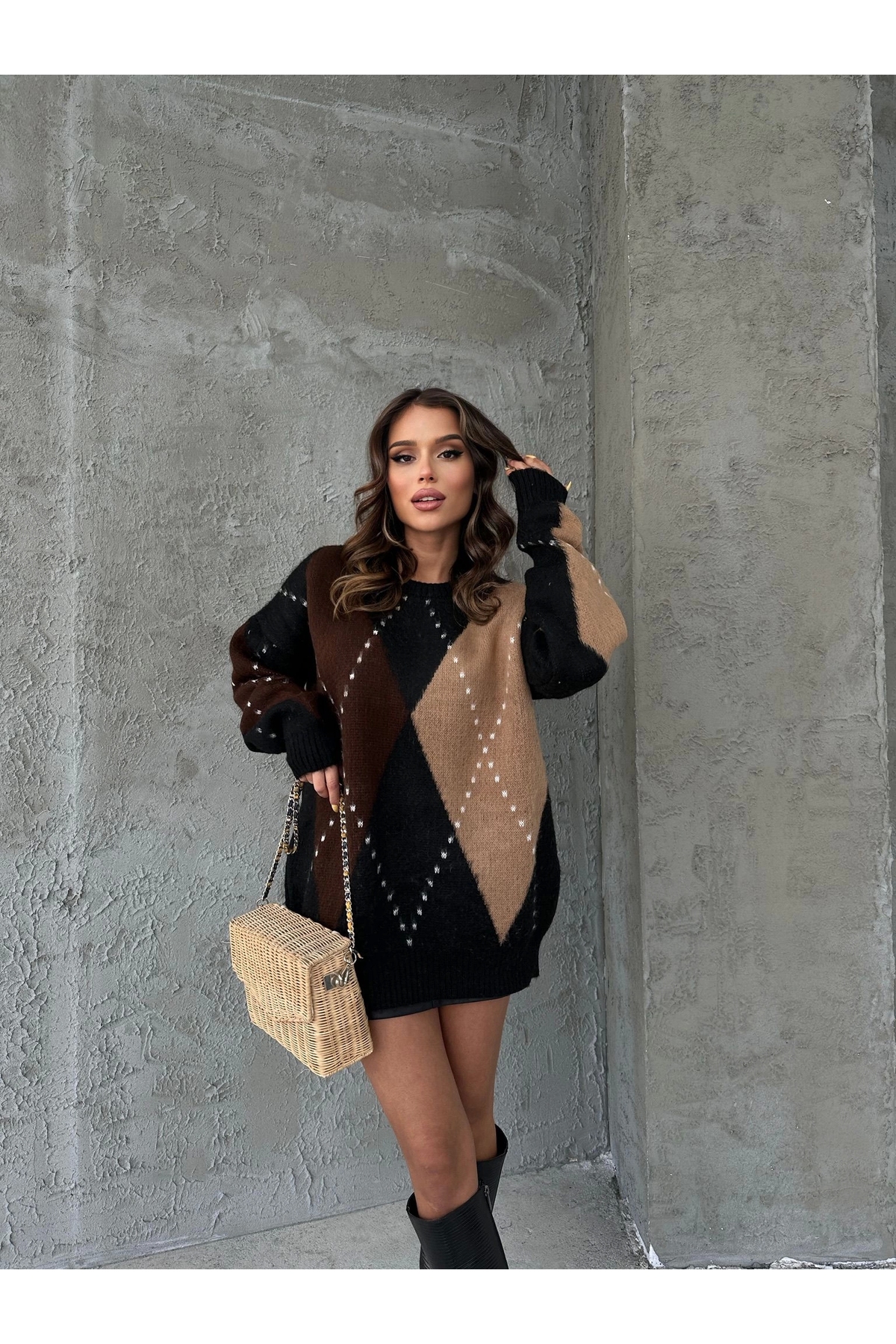 Z Zikzak Butik  BAKLAVA DESEN OVERSİZE TRİKO KAZAK KAHVE - Görsel 3