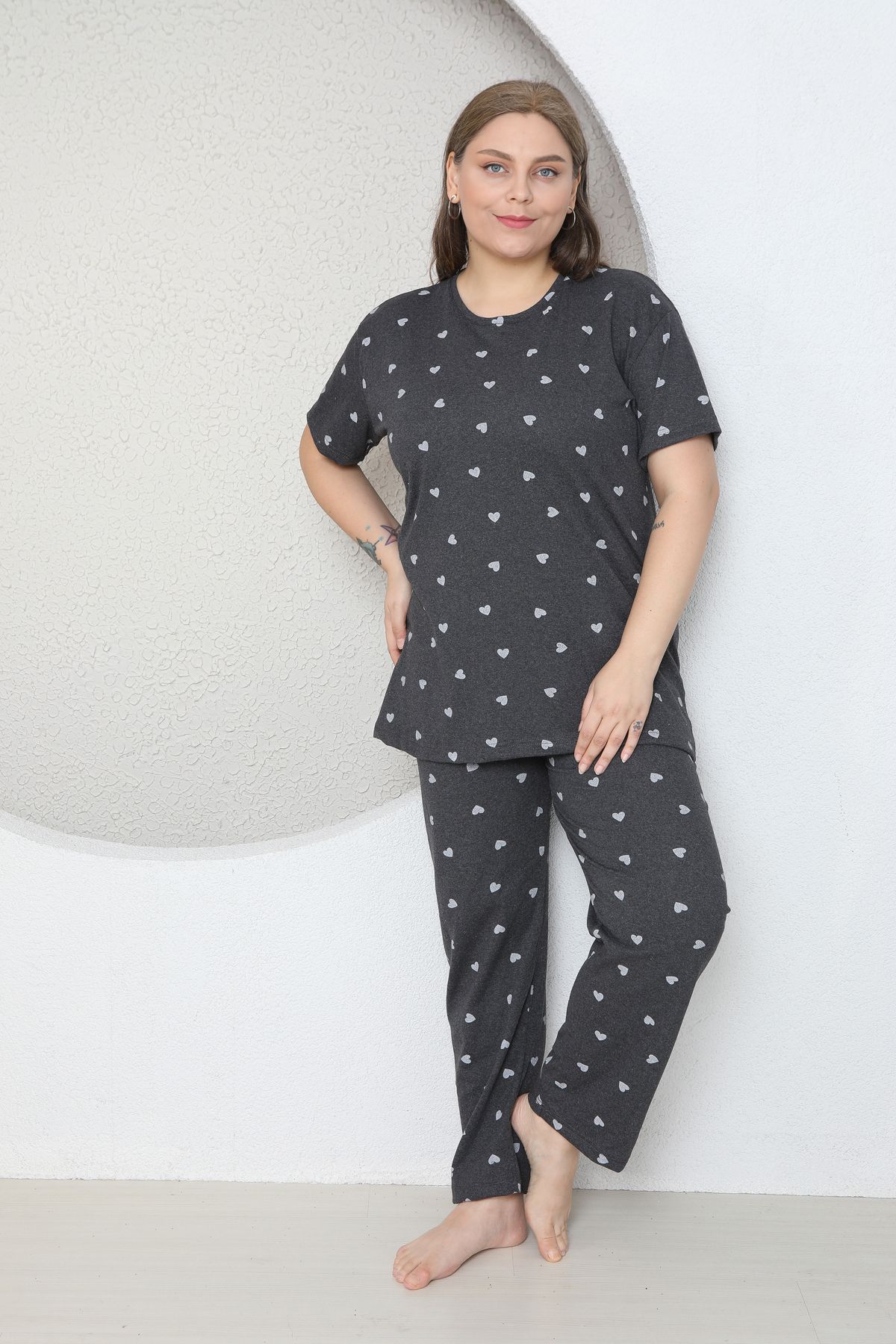 FAMES PİJAMA-Plus Size Gray Small Heart Patterned Pajama Set 6