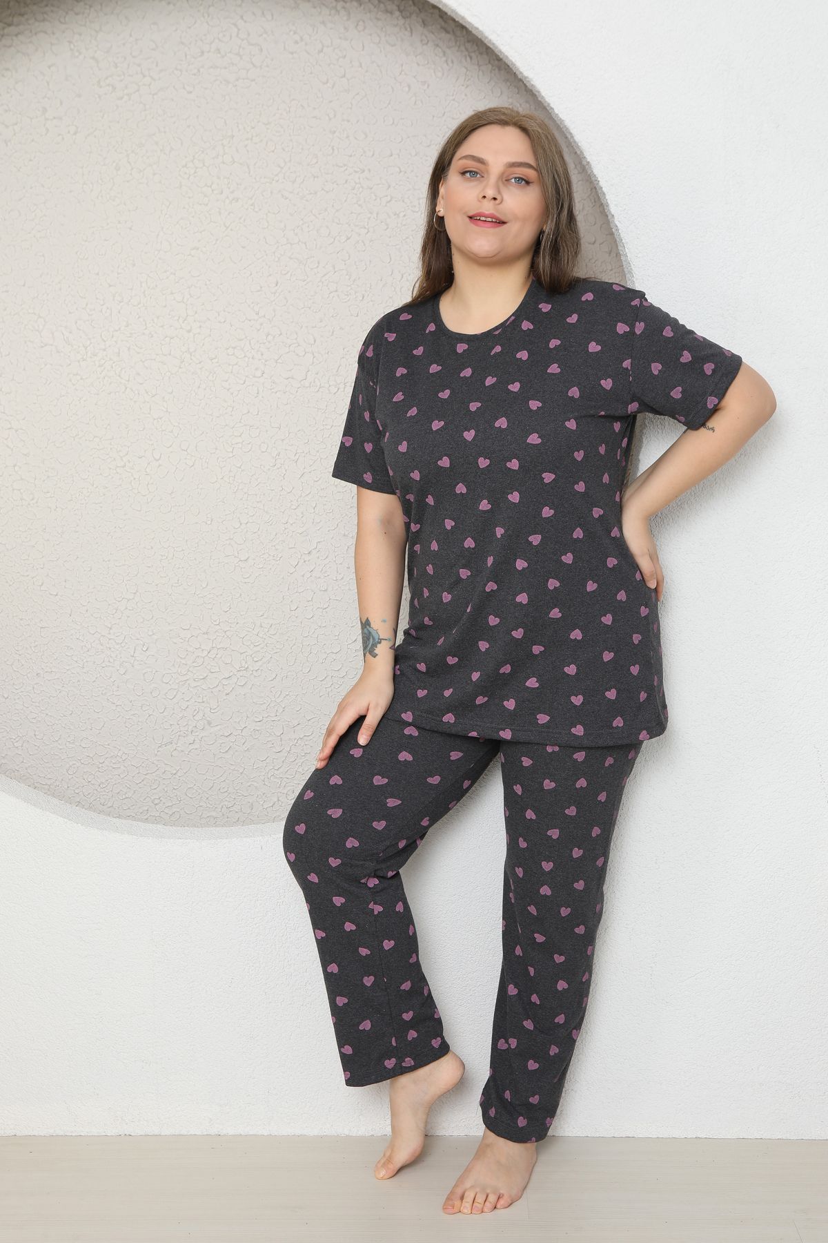 FAMES PİJAMA-Plus Size Pink Small Heart Patterned Pajama Set 2