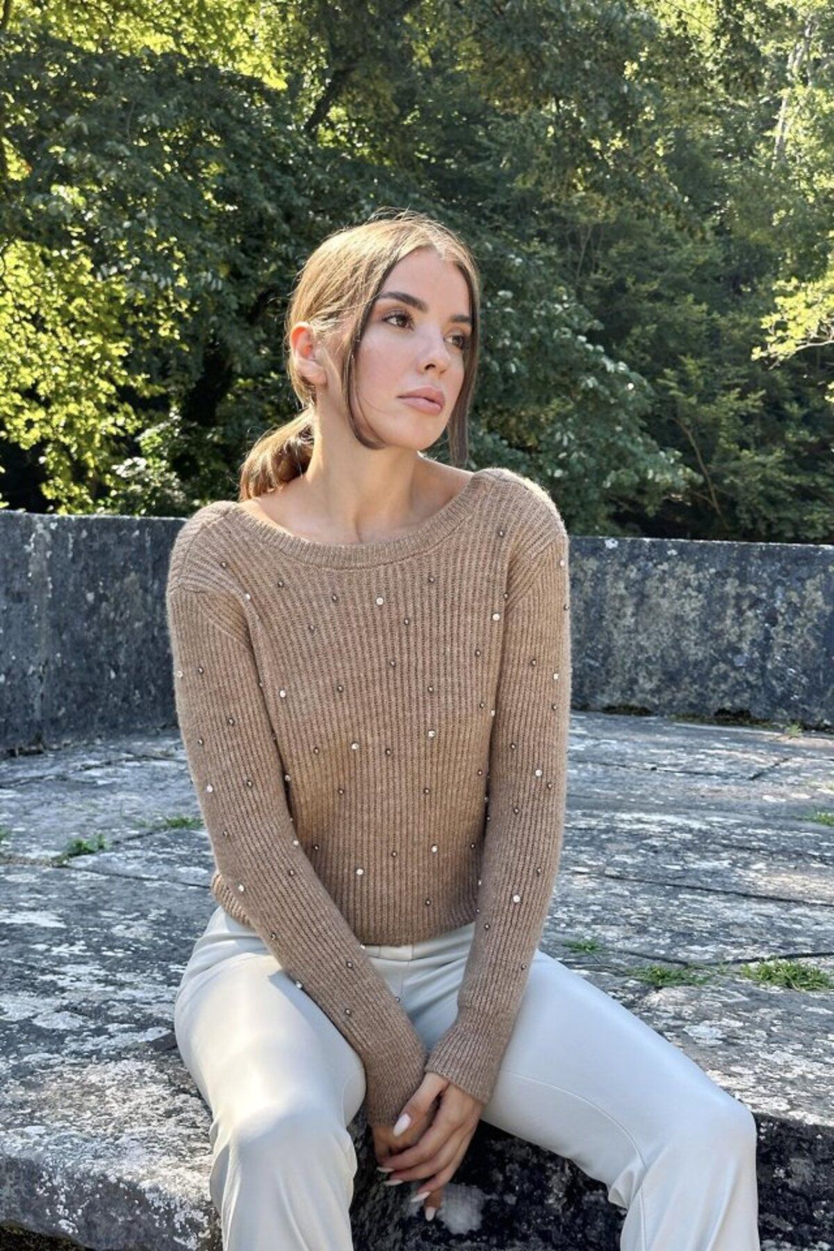 MRA Fashion Camel Boncuklu Triko Kazak