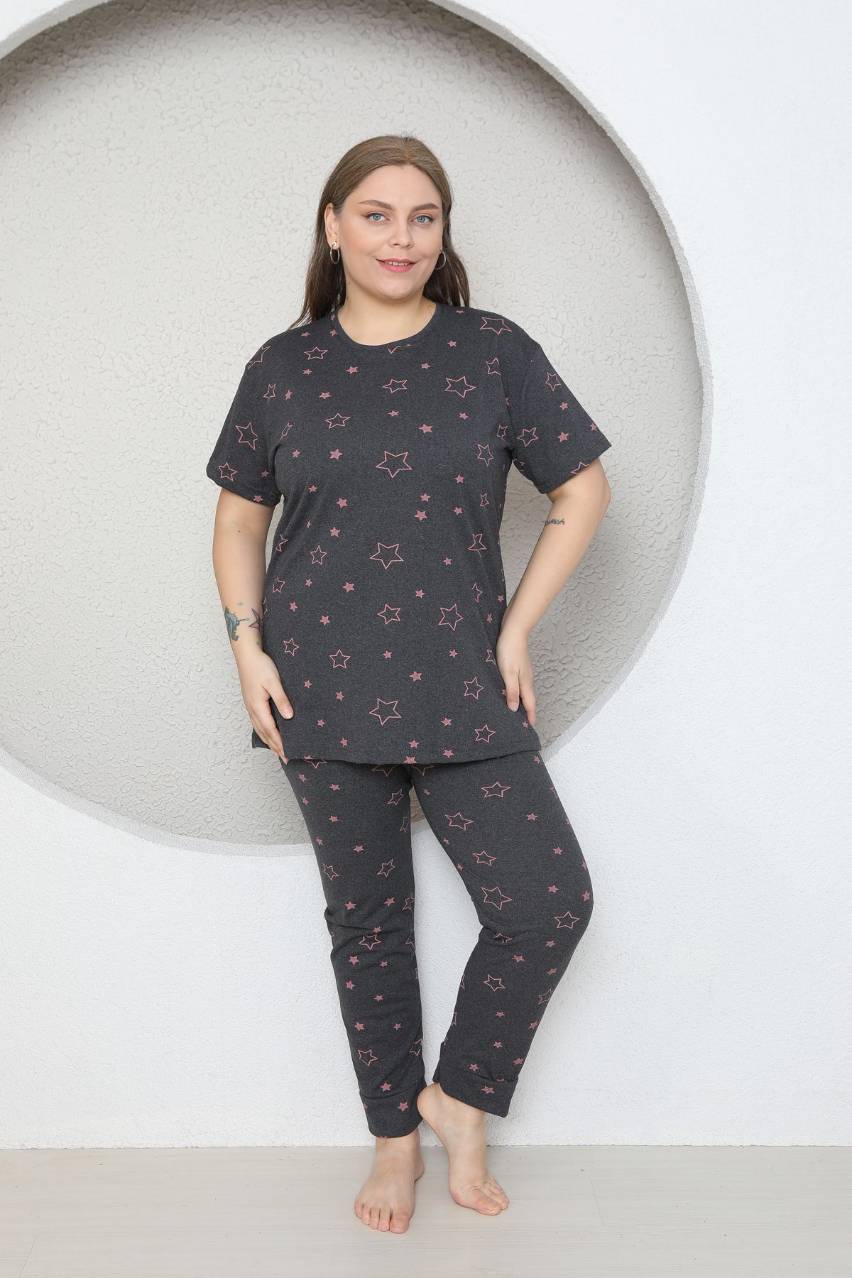 FAMES PİJAMA-Plus Size Star Heart Patterned Pajama Set 5