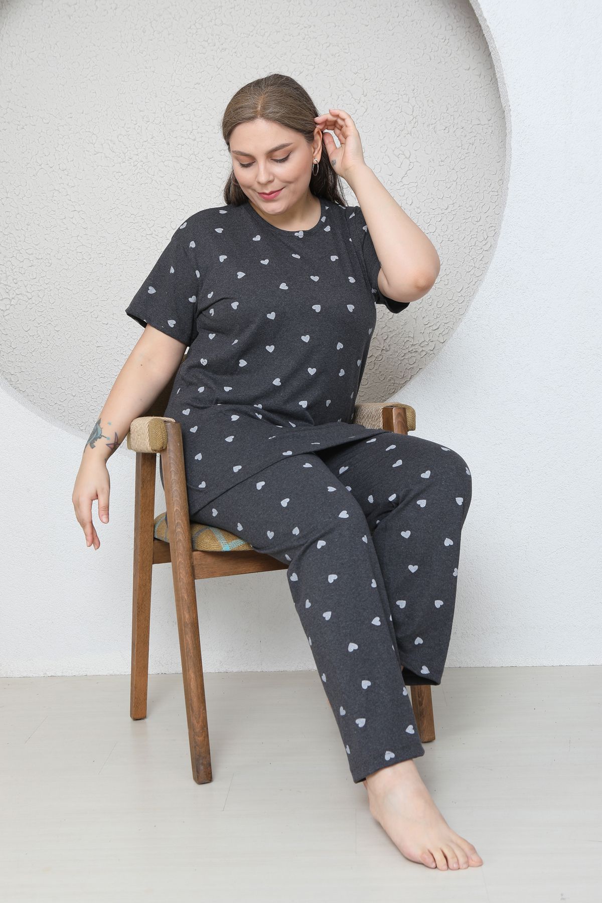 FAMES PİJAMA-Plus Size Gray Small Heart Patterned Pajama Set 2