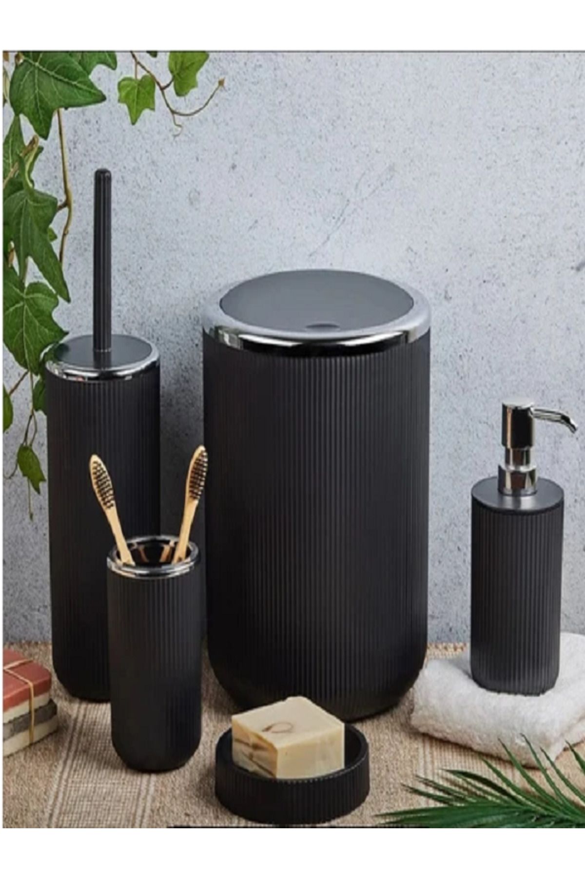 entarzlife-5 Piece Black & Black Bathroom Set Trash Can Toothbrush Holder Soap Dish Brush Holder Set 2