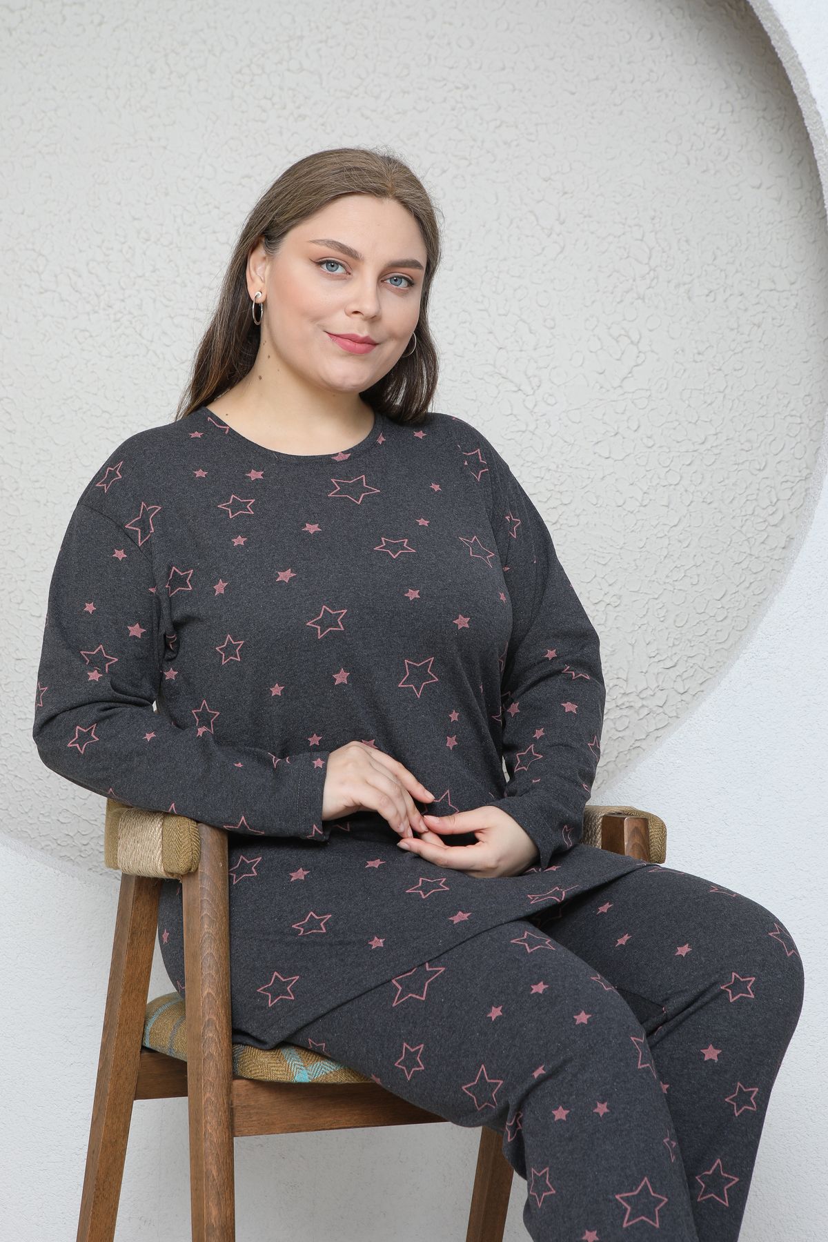 FAMES PİJAMA-Plus Size Star Heart Patterned Pajama Set 4