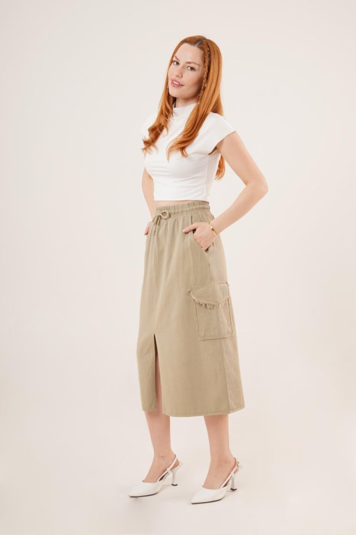 yezram-Ahes Shopping Khaki Skirt with Front Slit and Pocket Detail 4