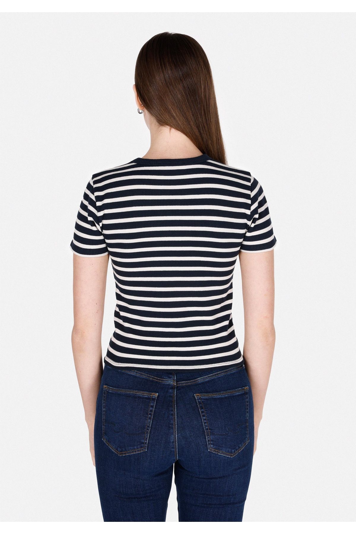 Colin's-Slim Fit Round Neck Striped Women's Navy Blue Short Sleeve T-Shirt 2