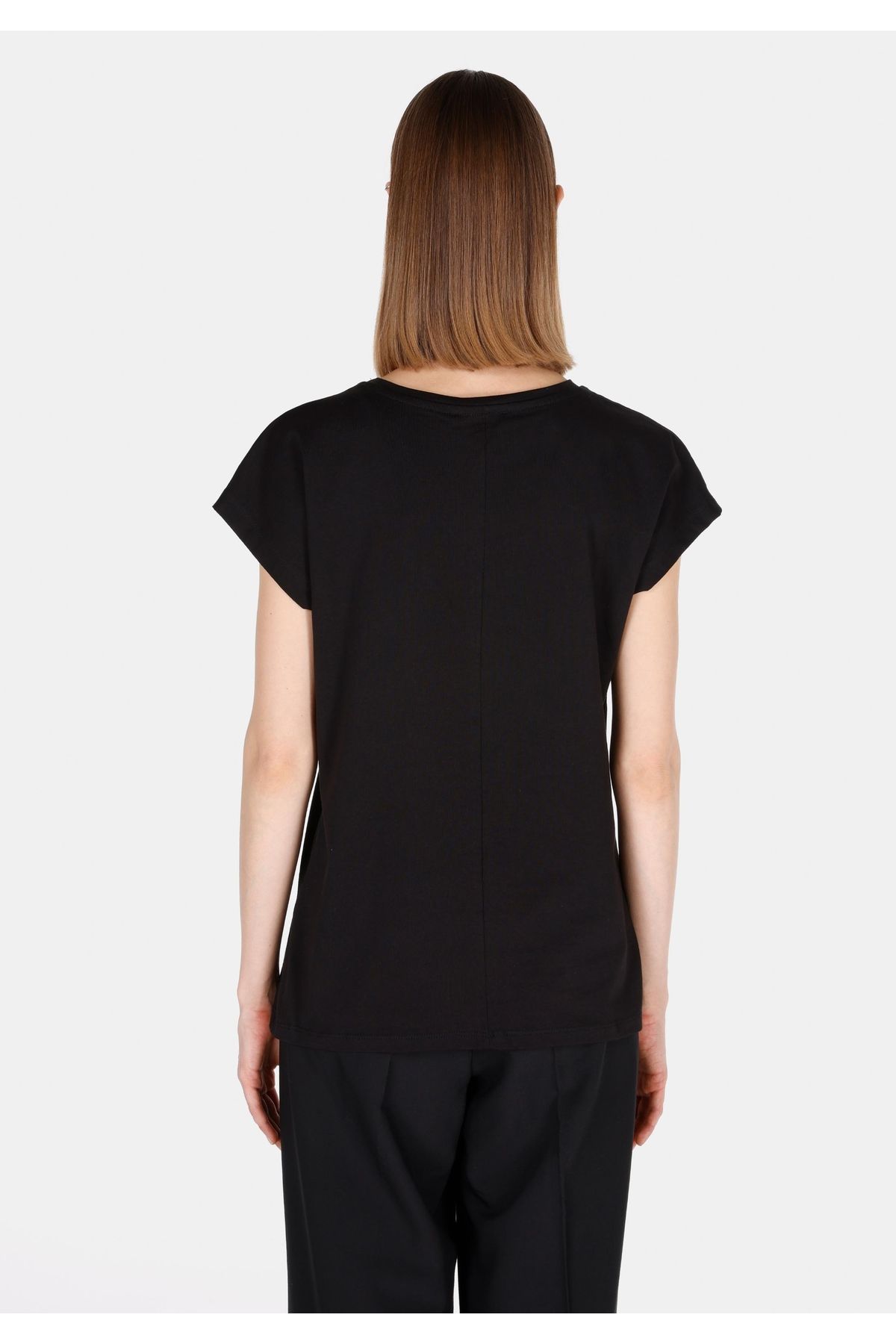 Colin's-Tricou negru cu mânecă scurtă pentru femei, cu decolteu rotund, cu croială normală 2