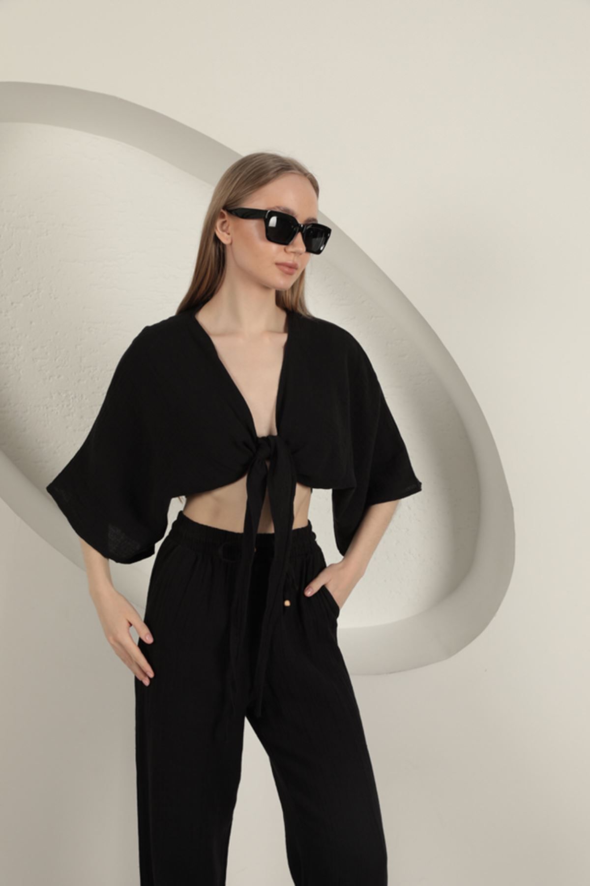 Graph Müslin Kumaş Kimono-Siyah