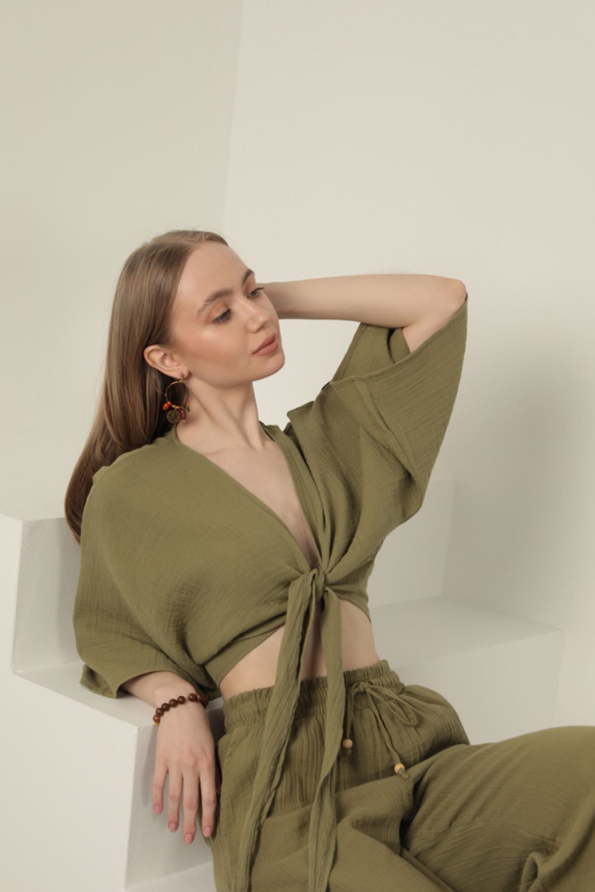 Graph Müslin Kumaş Kimono-Haki
