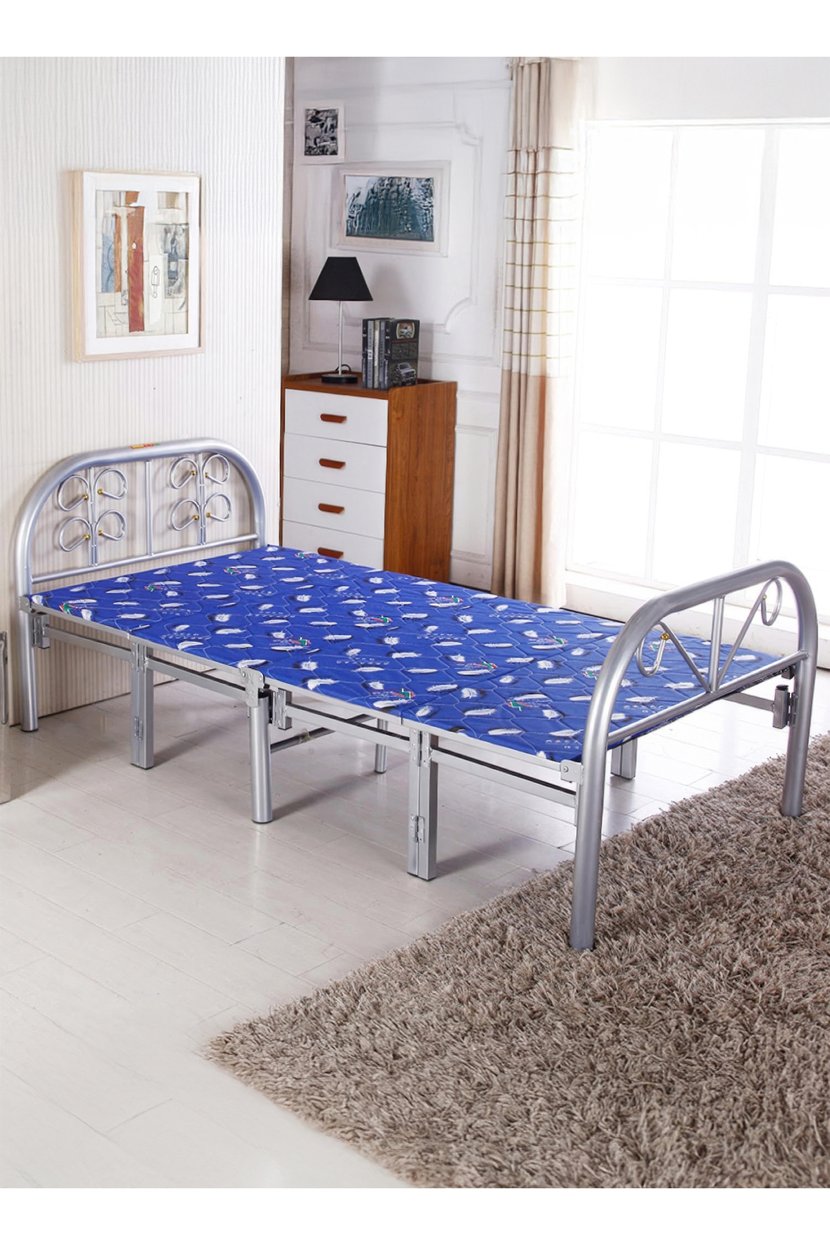 سرير فردي قابل للطي مصنوع من منصة معدنية فولاذية متينة مقاس 190 × 90 سم