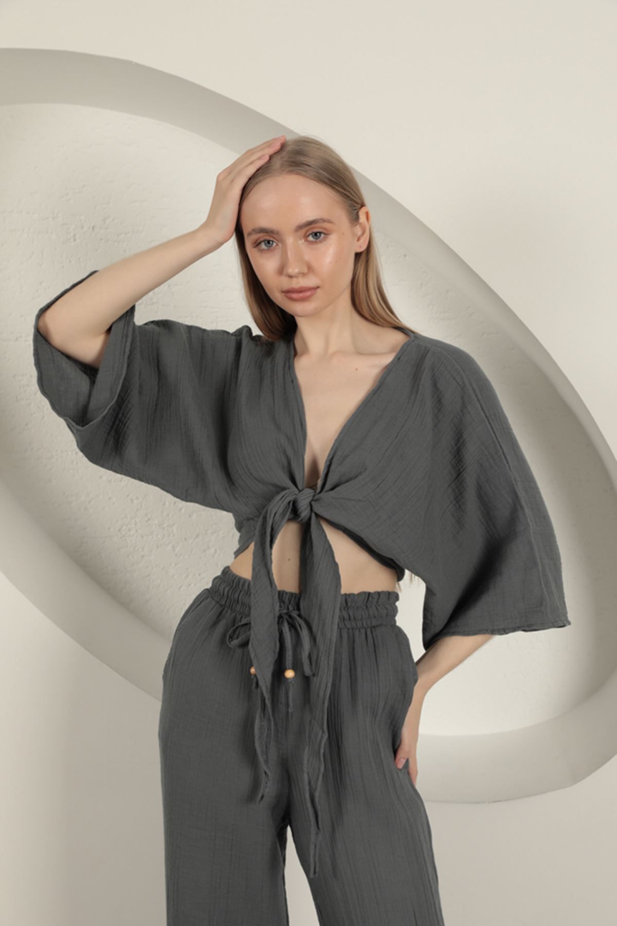 E-RICH Müslin Kumaş Kimono-Antrasit