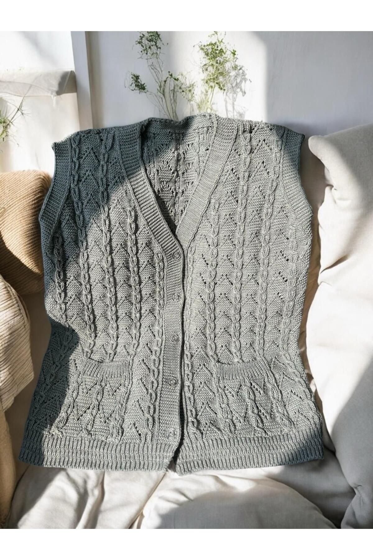 Çeyizcim-Knitwear Knitted Angora Gray Buttoned Pocket Dowry Vest 1