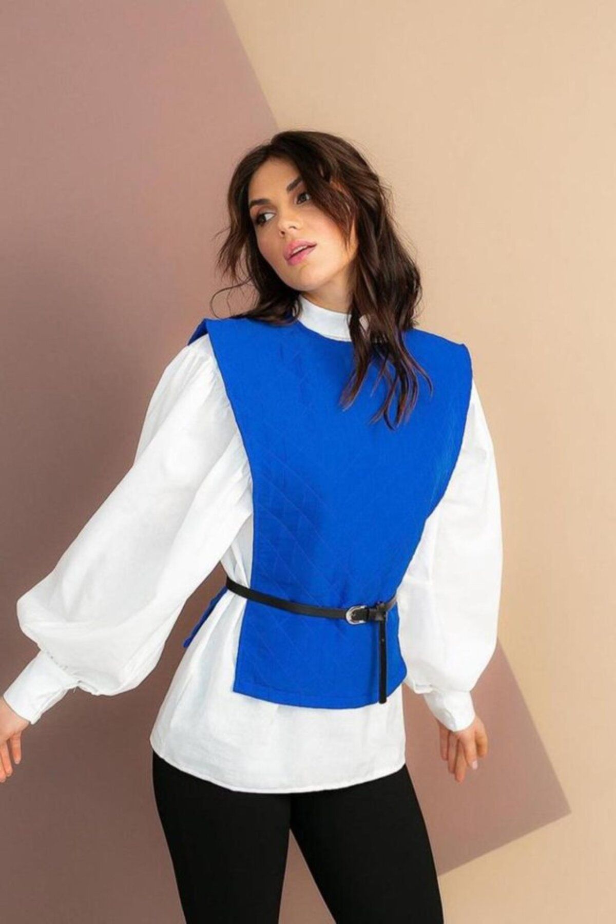 velmorafashion Mavi Kemerli Gömlek Ve Panço Takım